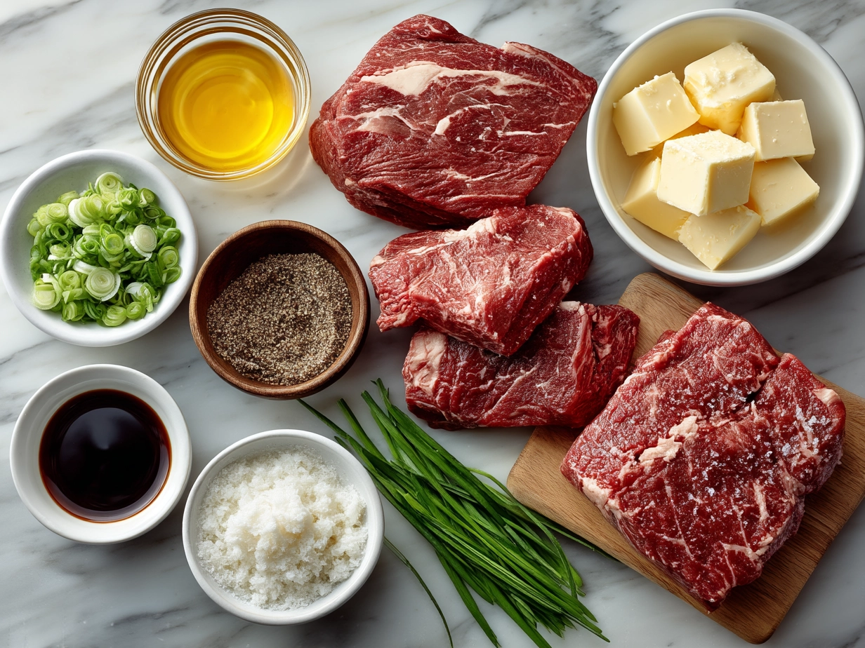 Ingredients laid out for Korean Pot Roast including beef, soy sauce, garlic, ginger, carrots, onions, and spices