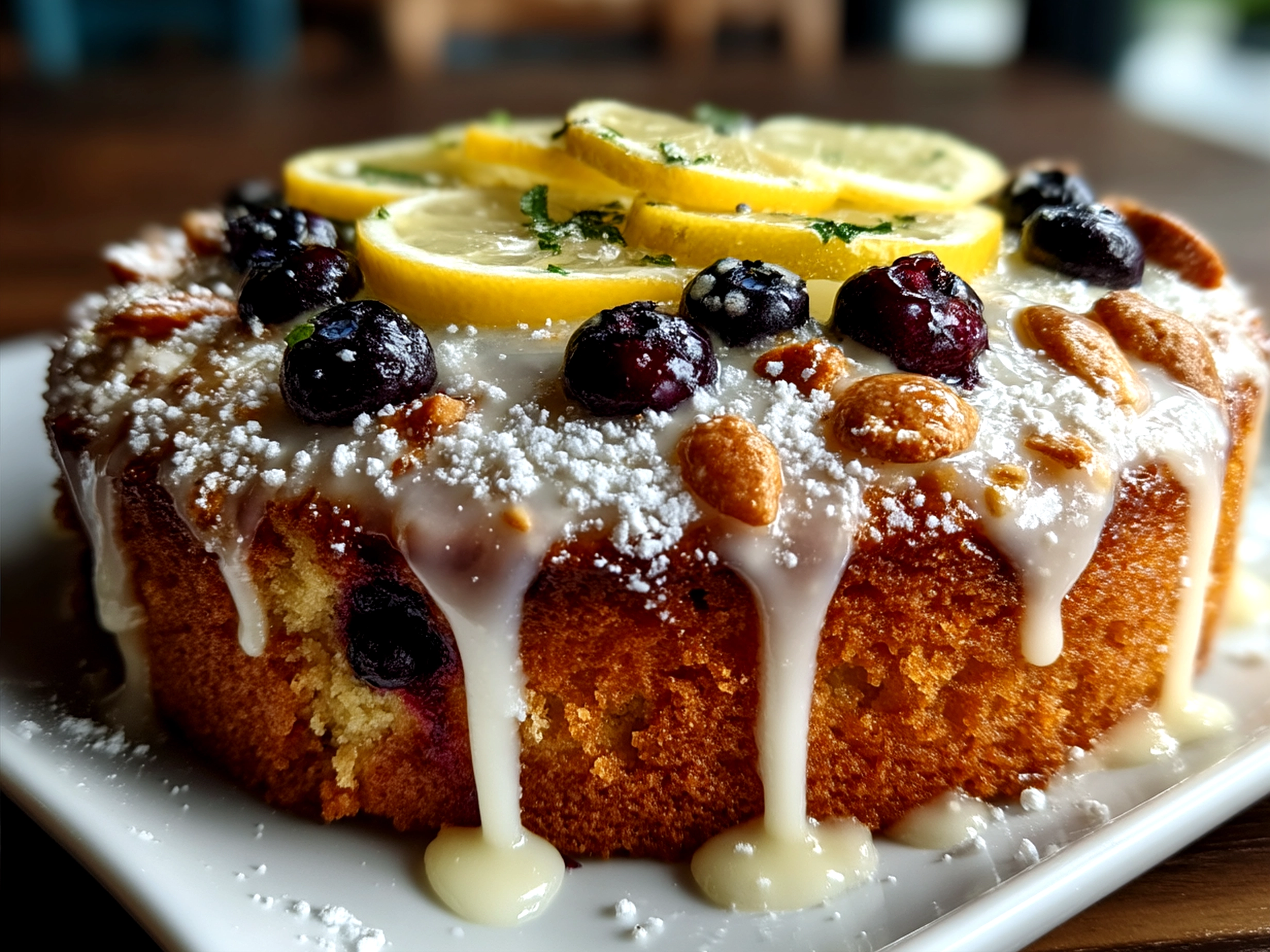 Lemon Blueberry Pisces Cake beautifully served on a rustic wooden board