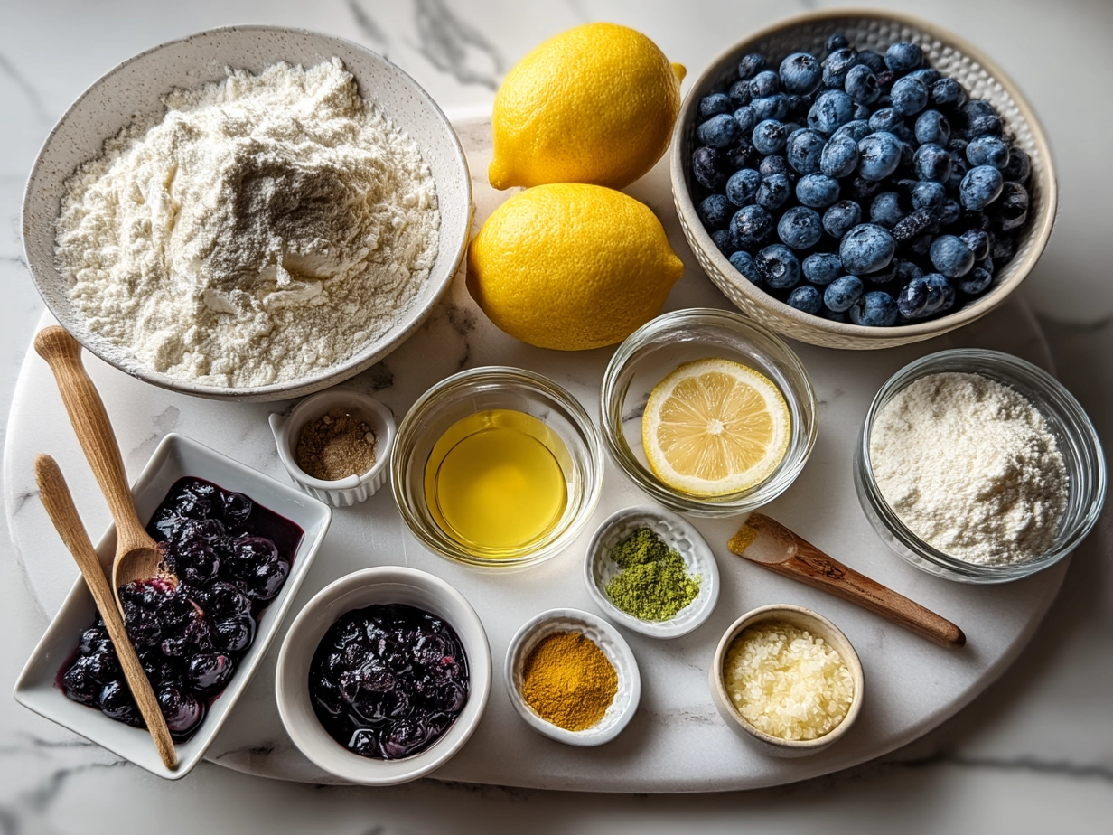 Ingredients laid out for Lemon Blueberry Pisces Cake