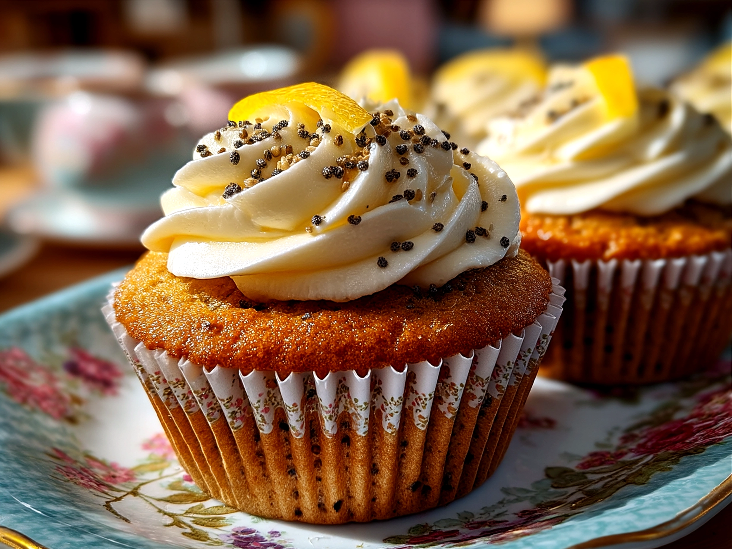 Freshly frosted Lemon Poppy Seed Cupcakes arranged on a decorative platter with lemon zest garnish
