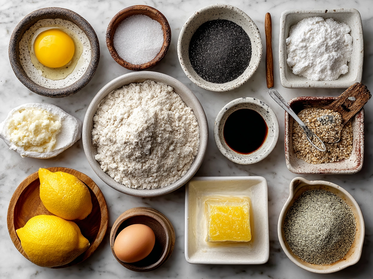 Ingredients laid out for Lemon Poppy Seed Cupcakes including flour, lemon, poppy seeds, butter, eggs, sugar, and frosting ingredients