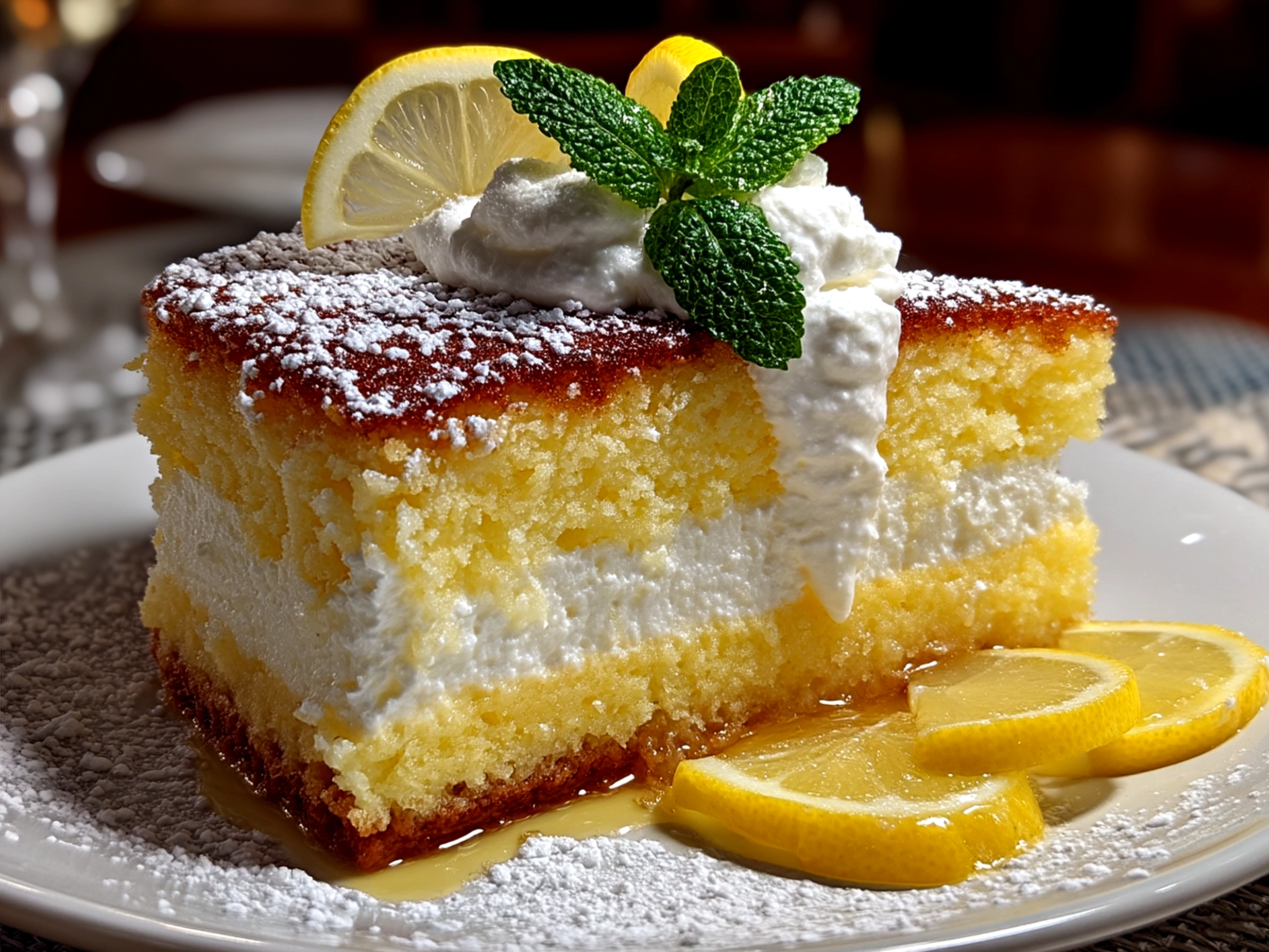 Limoncello Mascarpone Cake served on a white cake stand garnished with lemon zest and mint leaves
