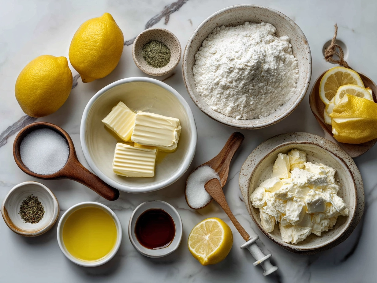 Ingredients for Limoncello Mascarpone Cake including flour, sugar, lemons, eggs, and mascarpone cheese