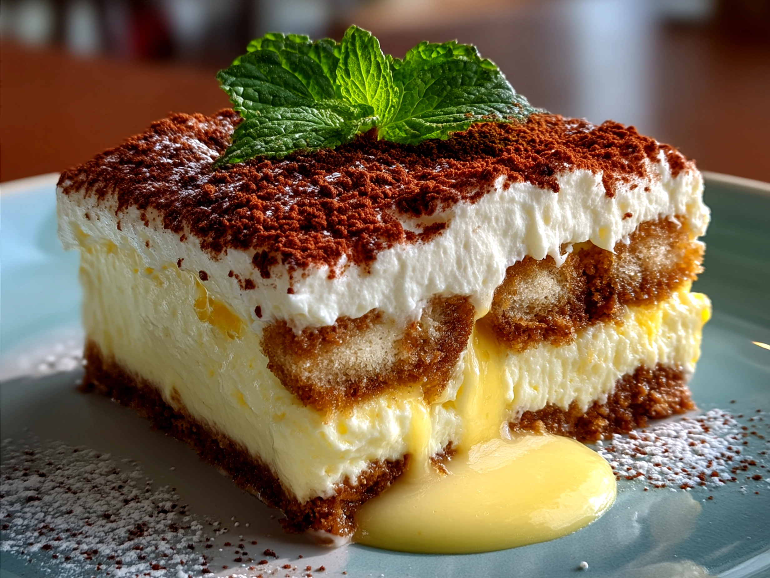Limoncello Tiramisu dessert served in glass with lemon zest and mint garnish
