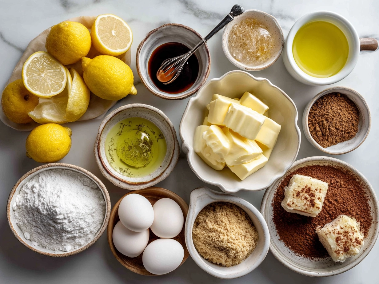 Ingredients laid out for Limoncello Tiramisu including mascarpone, lemons, eggs, and ladyfingers