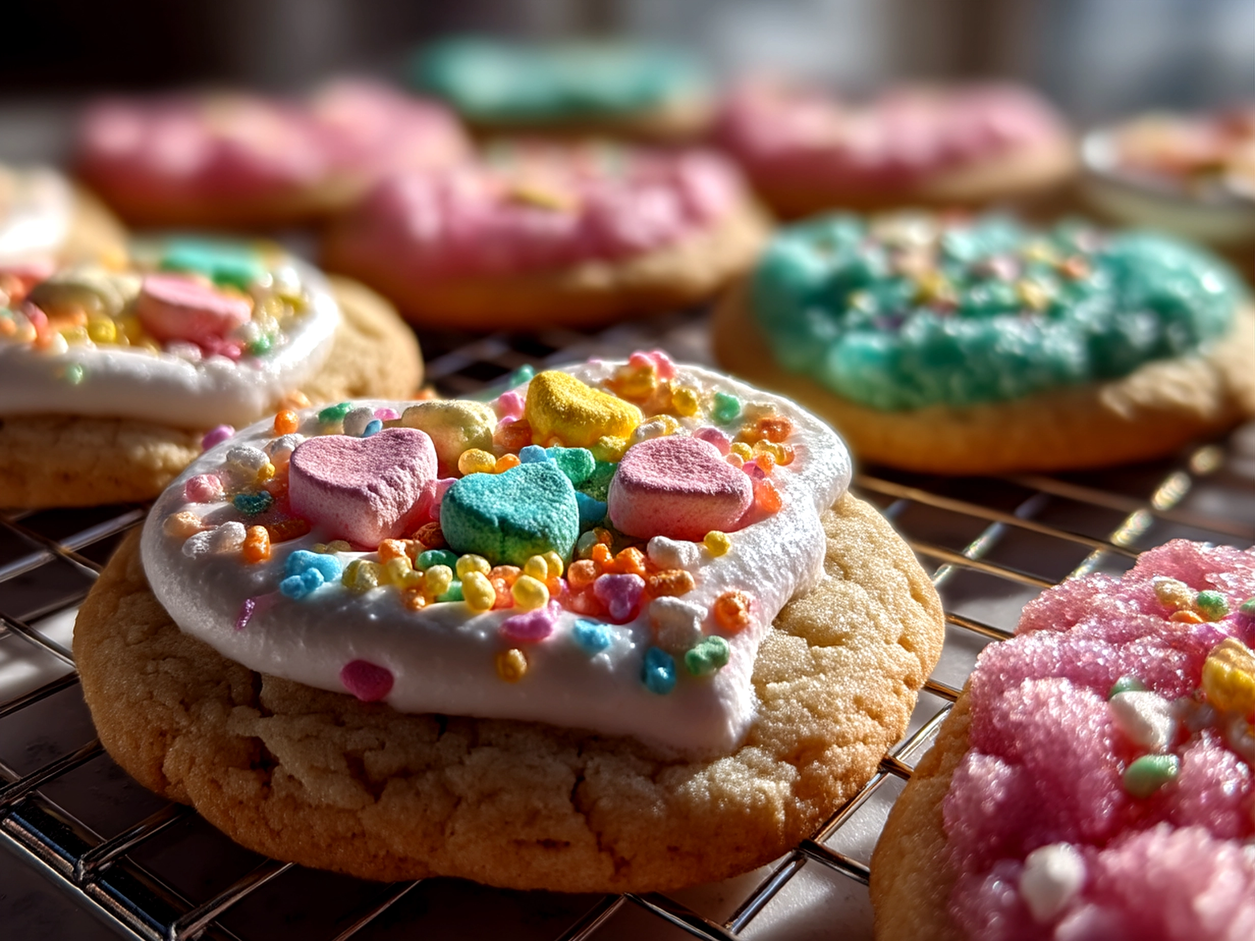 A plate of colorful Lucky Charms Cookies served with a glass of milk and fresh fruit