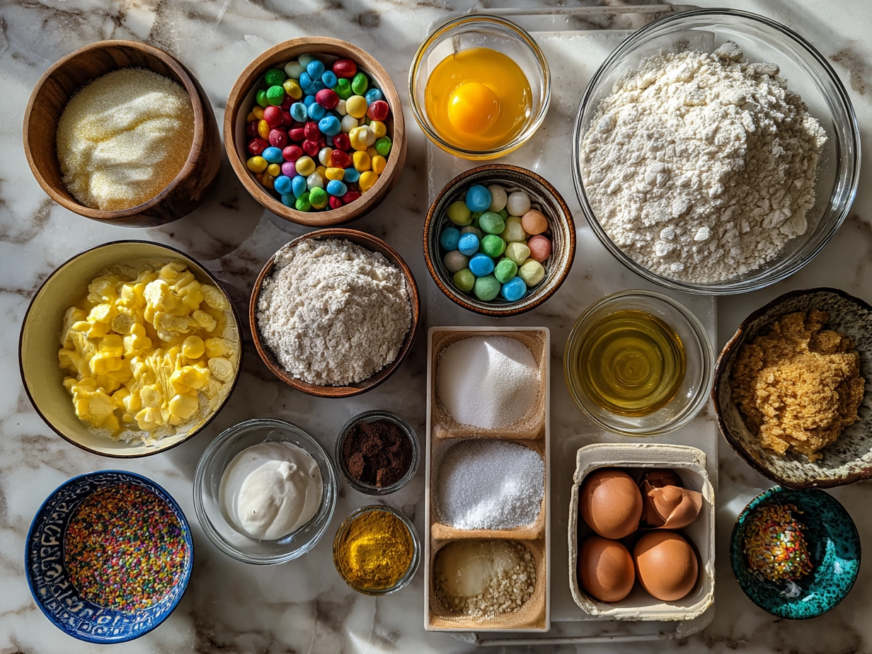 Ingredients laid out for Lucky Charms Cookies including butter, sugar, flour, eggs, Lucky Charms cereal and marshmallows