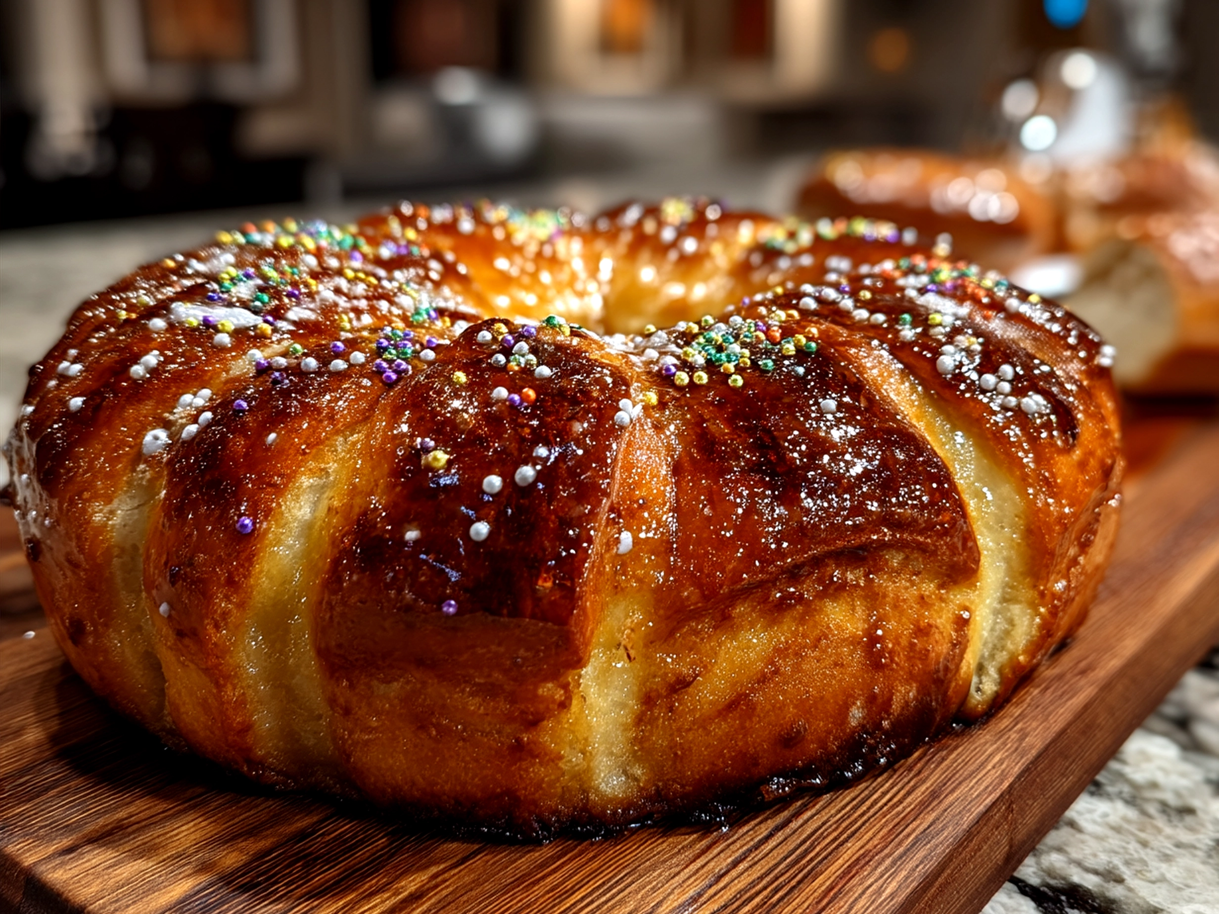 Served Mardi Gras King Cake with festive colored sugar topping
