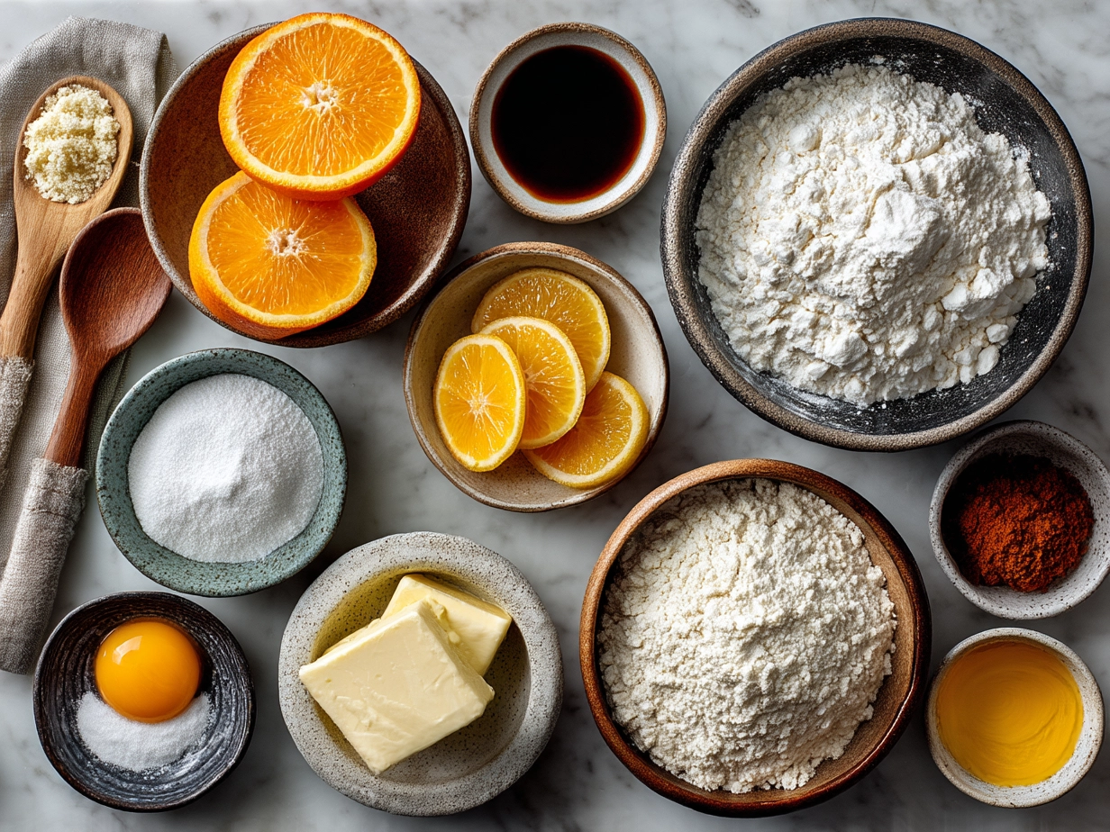 Ingredients for making orange rolls displayed in bowls and measuring cups