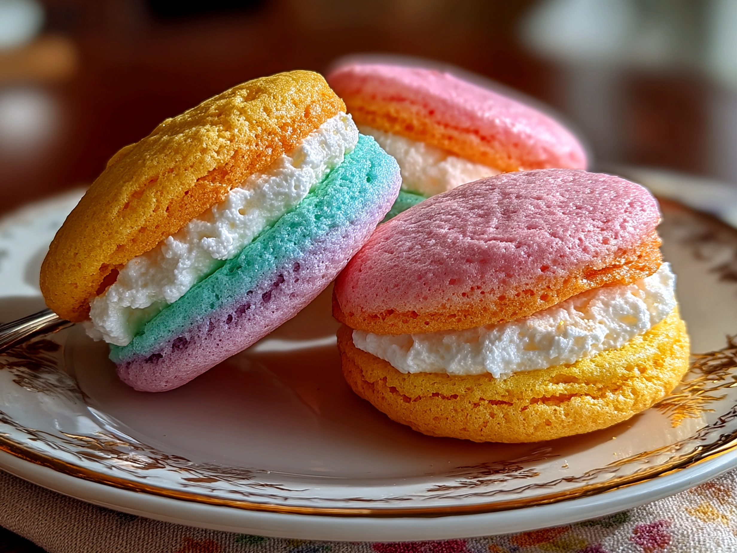 Beautifully presented pastel sugar cookie sandwiches served on a tiered cake stand