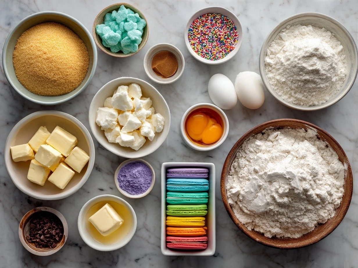 Ingredients for pastel sugar cookie sandwiches arranged on a table