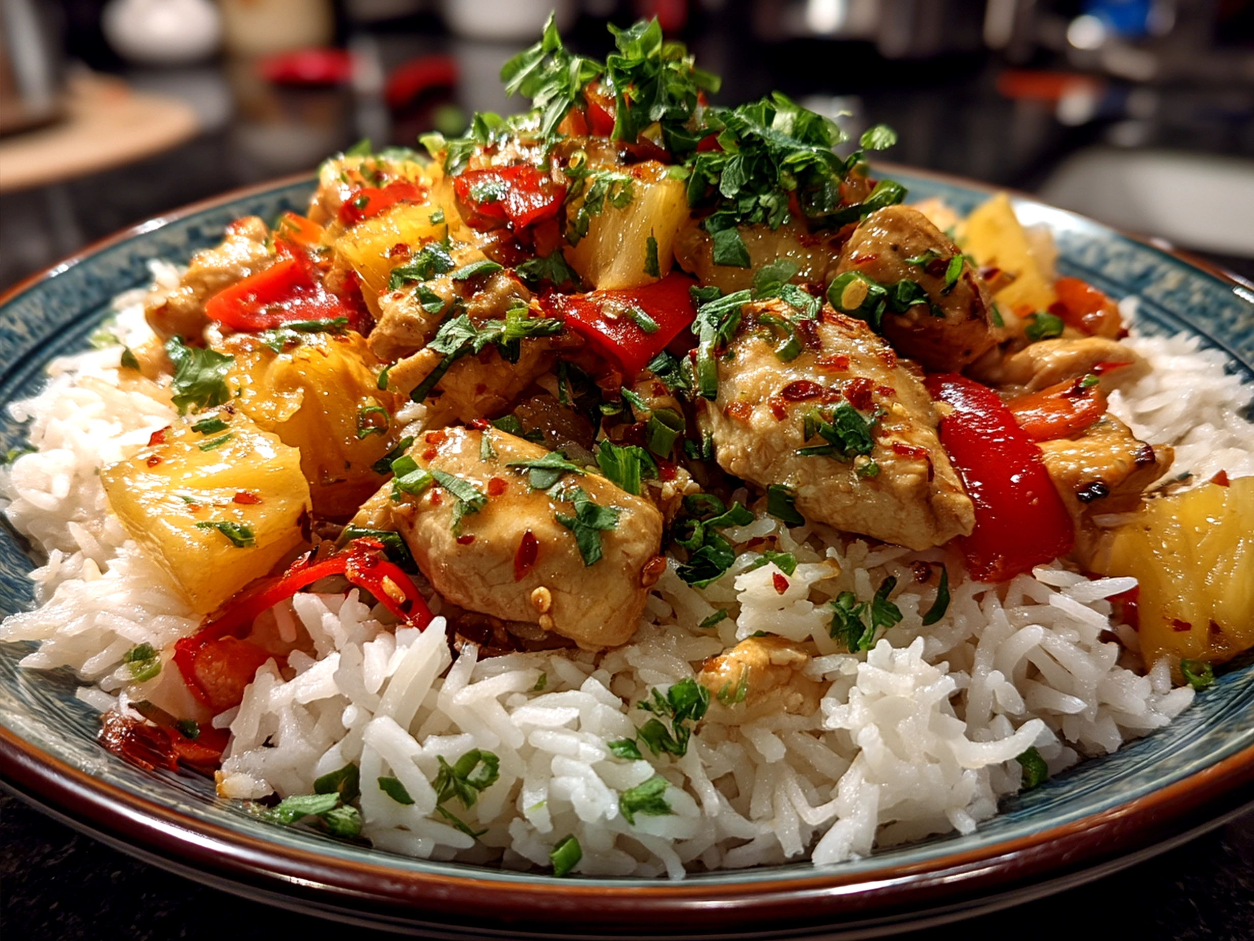 Served Pineapple Chicken and Rice plated beautifully with green onions