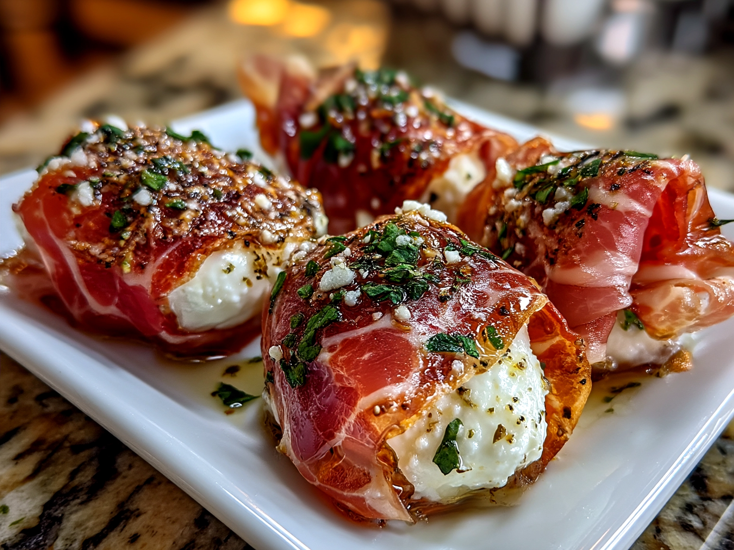 Plated Prosciutto Wrapped Mozzarella Bites with basil garnish