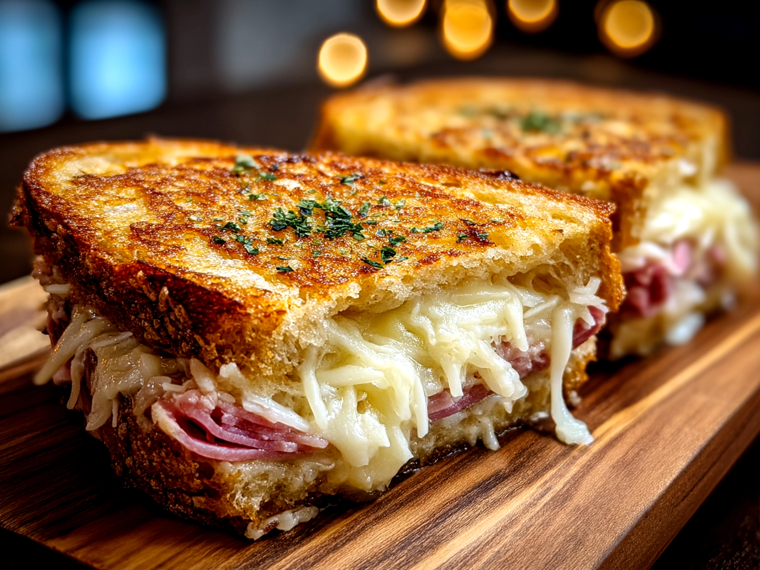 Finished Reuben sandwich served on a plate
