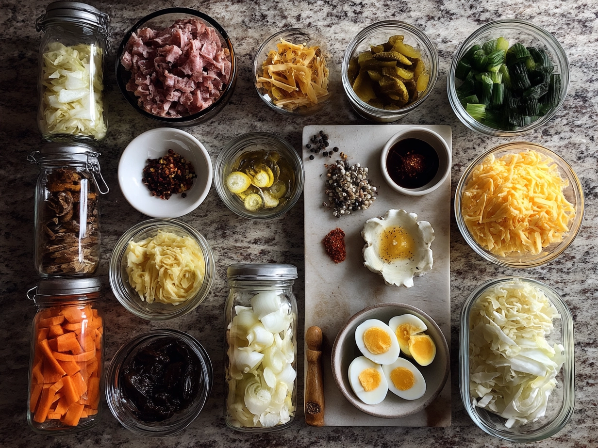 Ingredients for a Reuben sandwich including rye bread, corned beef, Swiss cheese, sauerkraut, and Thousand Island dressing