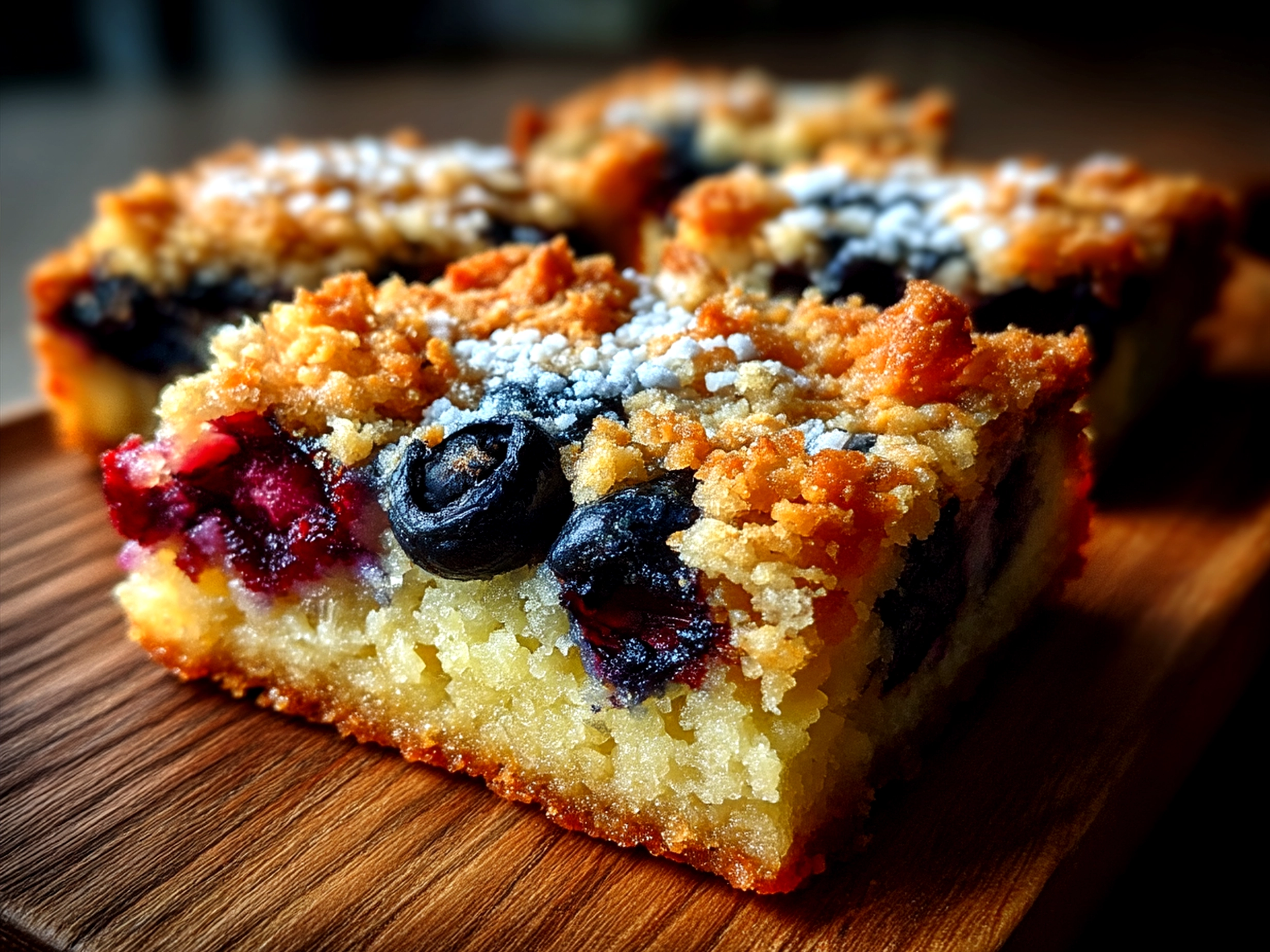 Freshly baked Sourdough Blueberry Breakfast Bars served on a plate