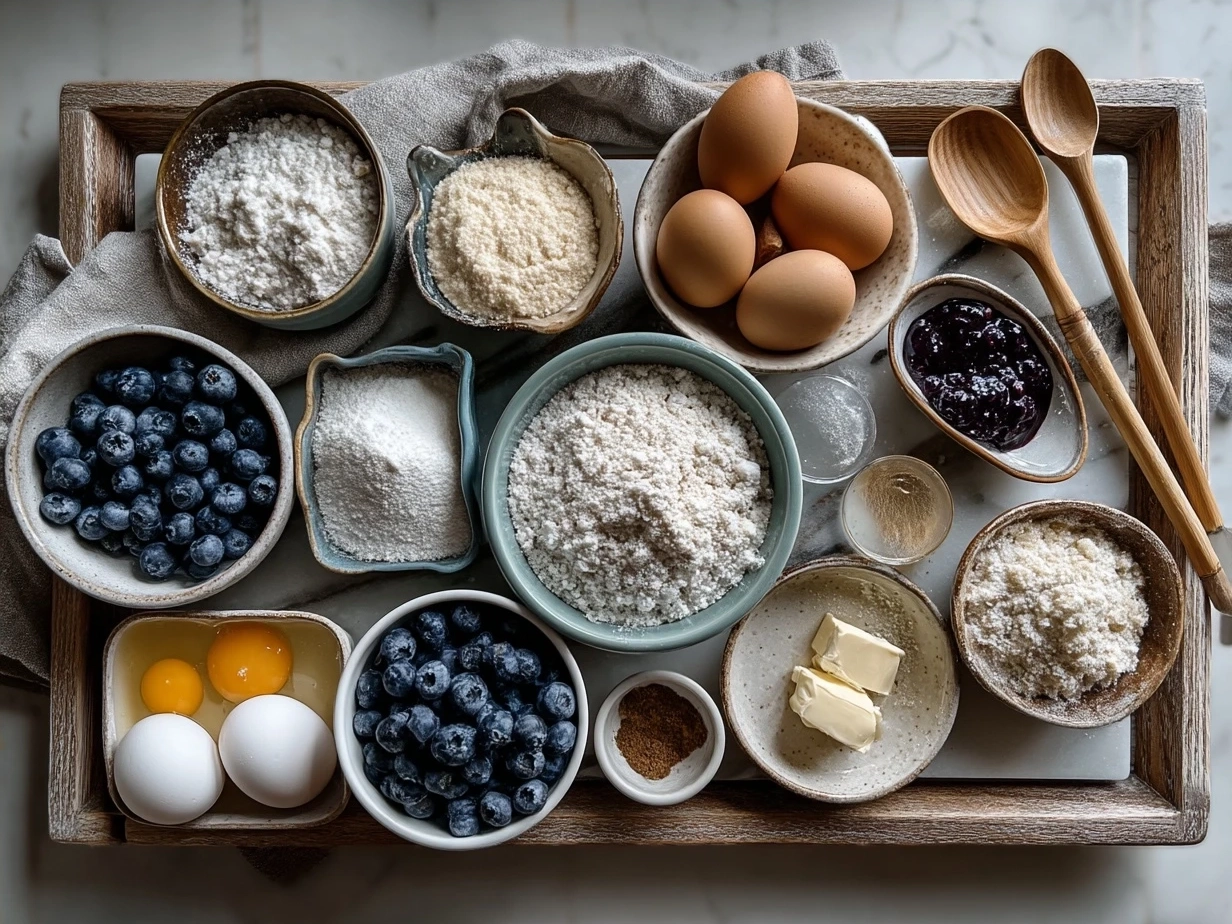 Ingredients for Sourdough Blueberry Brioche Tarts laid out on a kitchen counter