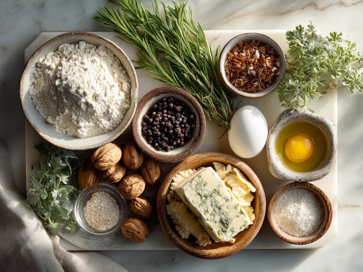 Ingredients for making sourdough Cheez-It crackers including flour, sourdough starter, cheddar, butter, and spices