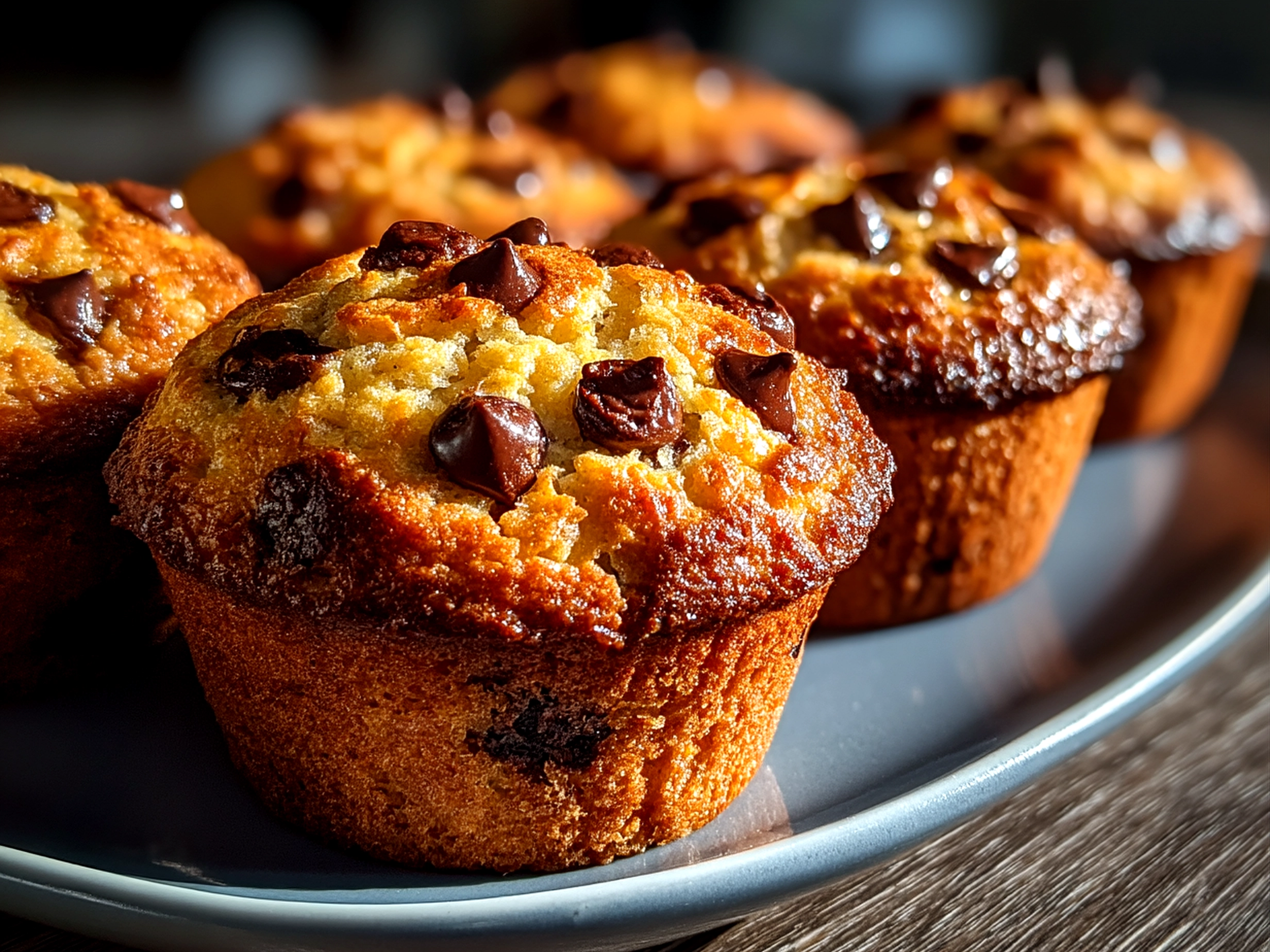 Freshly baked sourdough chocolate chip muffins arranged on a serving tray
