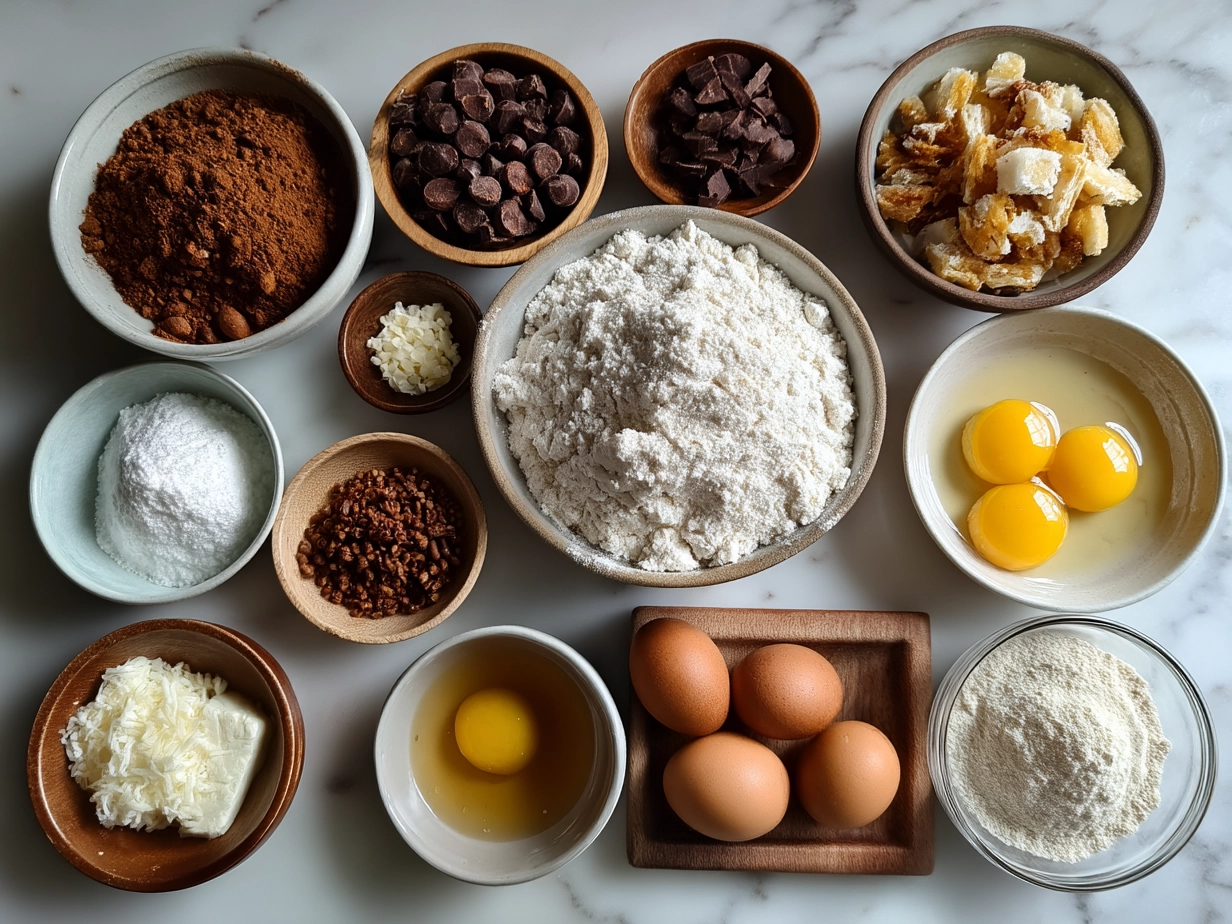 Ingredients for sourdough chocolate chip muffins neatly arranged on a wooden surface