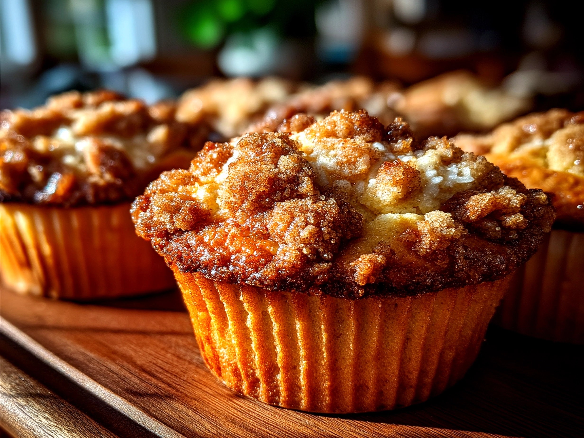 Freshly baked sourdough coffee cake muffins displayed for serving