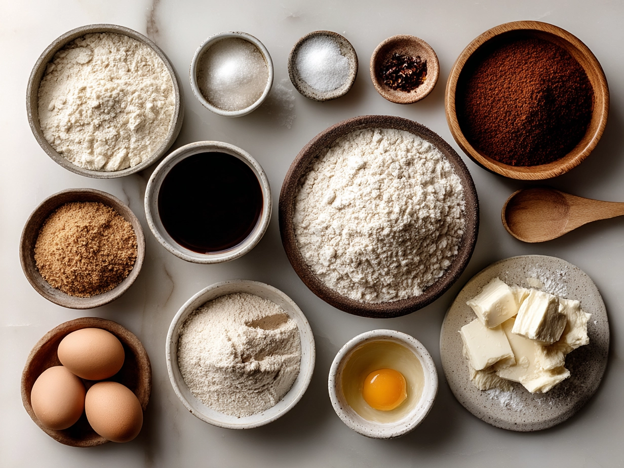 Ingredients for sourdough coffee cake muffins, including flour, sugar, sourdough starter, cinnamon and butter