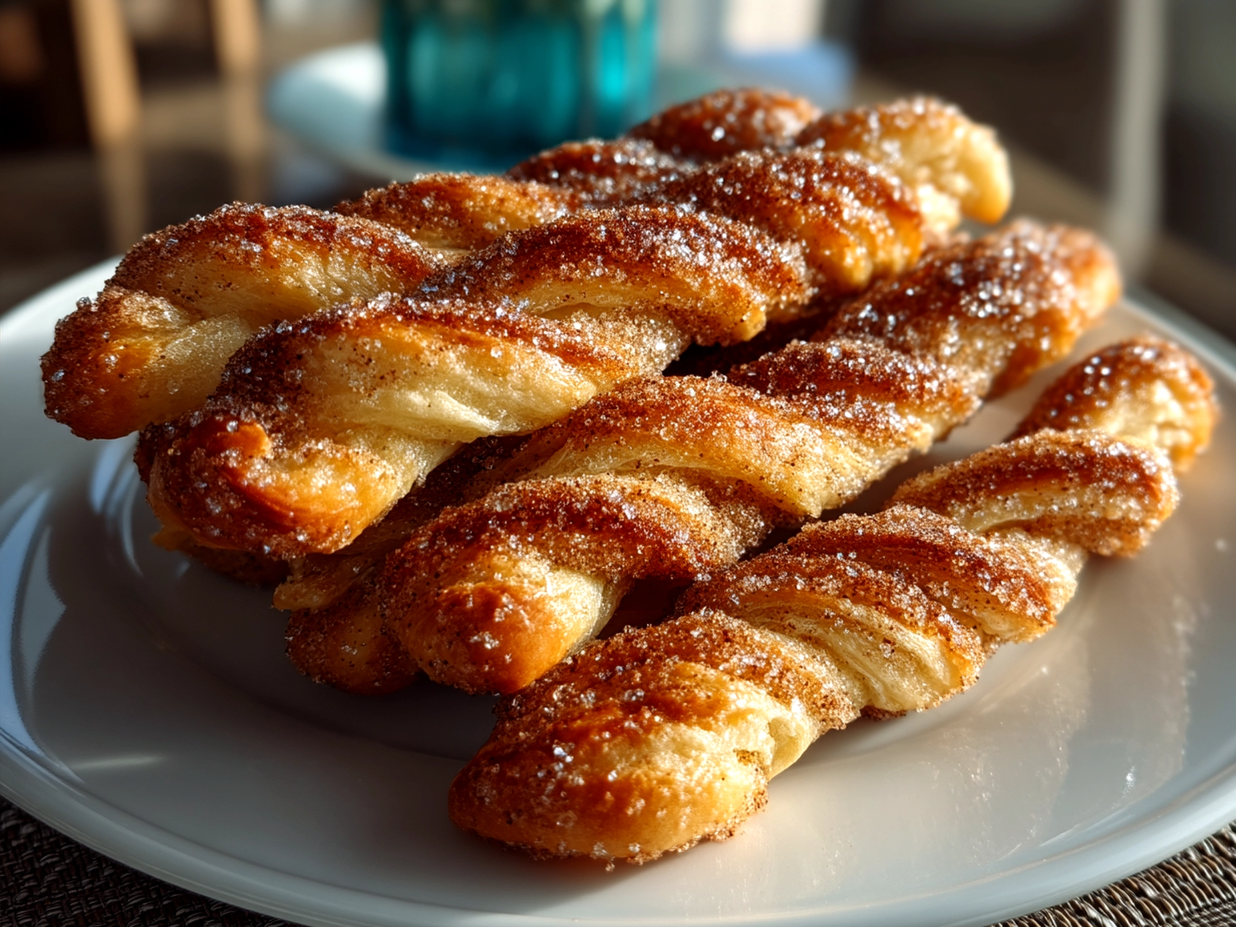 Plated sourdough discard cinnamon sugar twists ready to serve