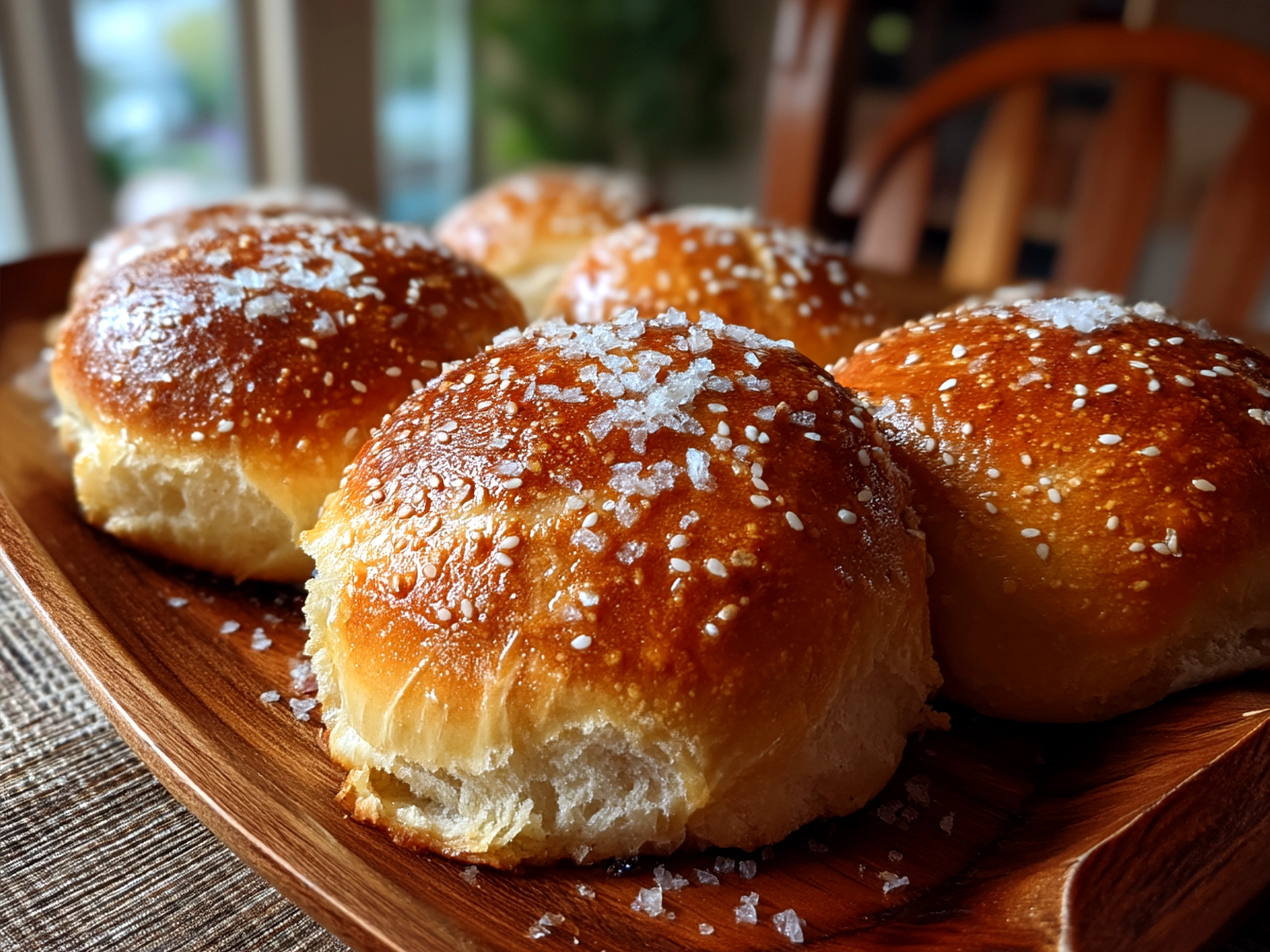 Warm sourdough discard kolaches arranged on a rustic wooden board