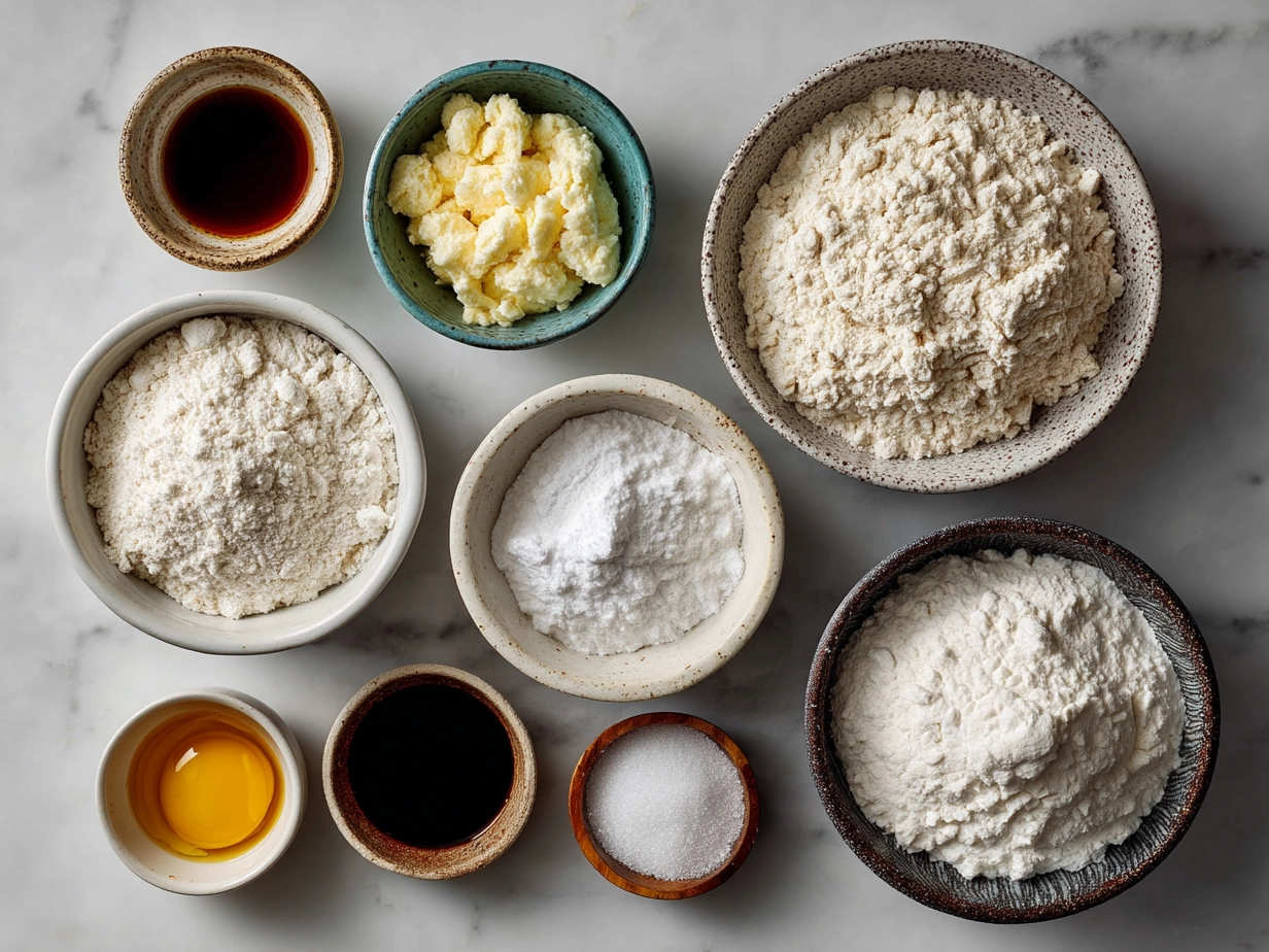 Ingredients for sourdough discard kolaches including flour, milk, butter and eggs