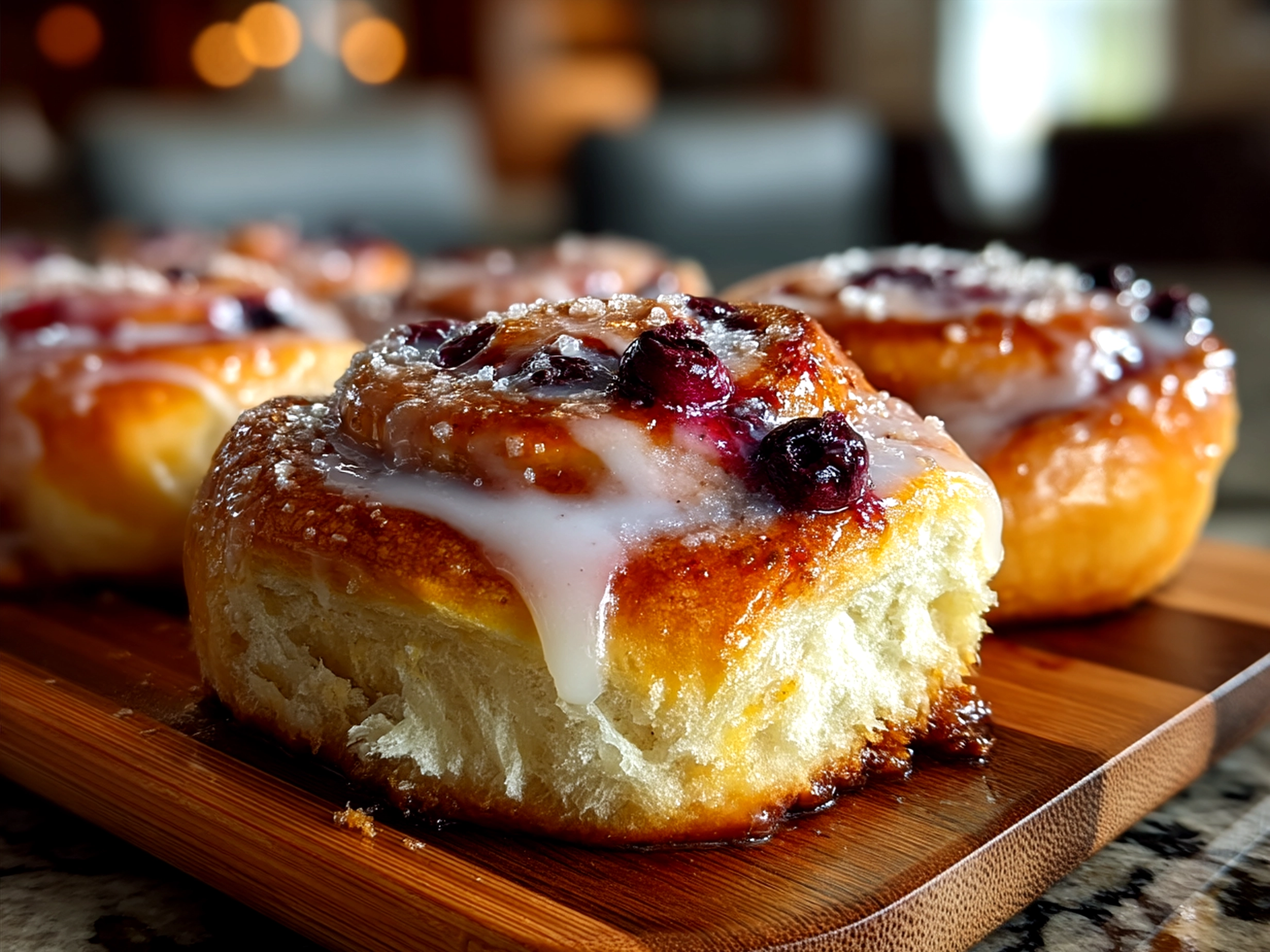 Freshly baked Sourdough Discard Lemon Blueberry Rolls arranged beautifully