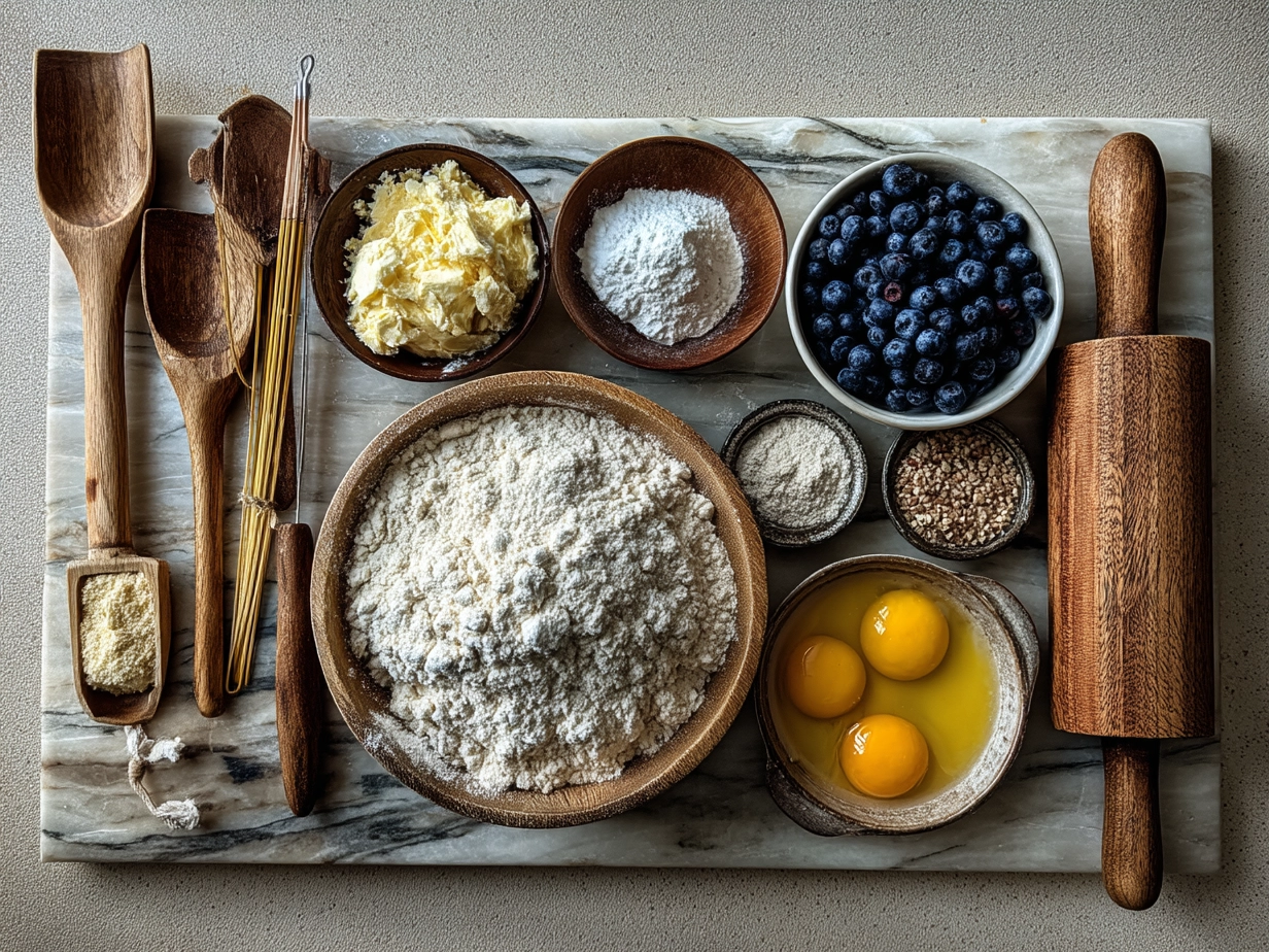Ingredients for Sourdough Discard Lemon Blueberry Rolls including flour, blueberries, lemon zest, and butter