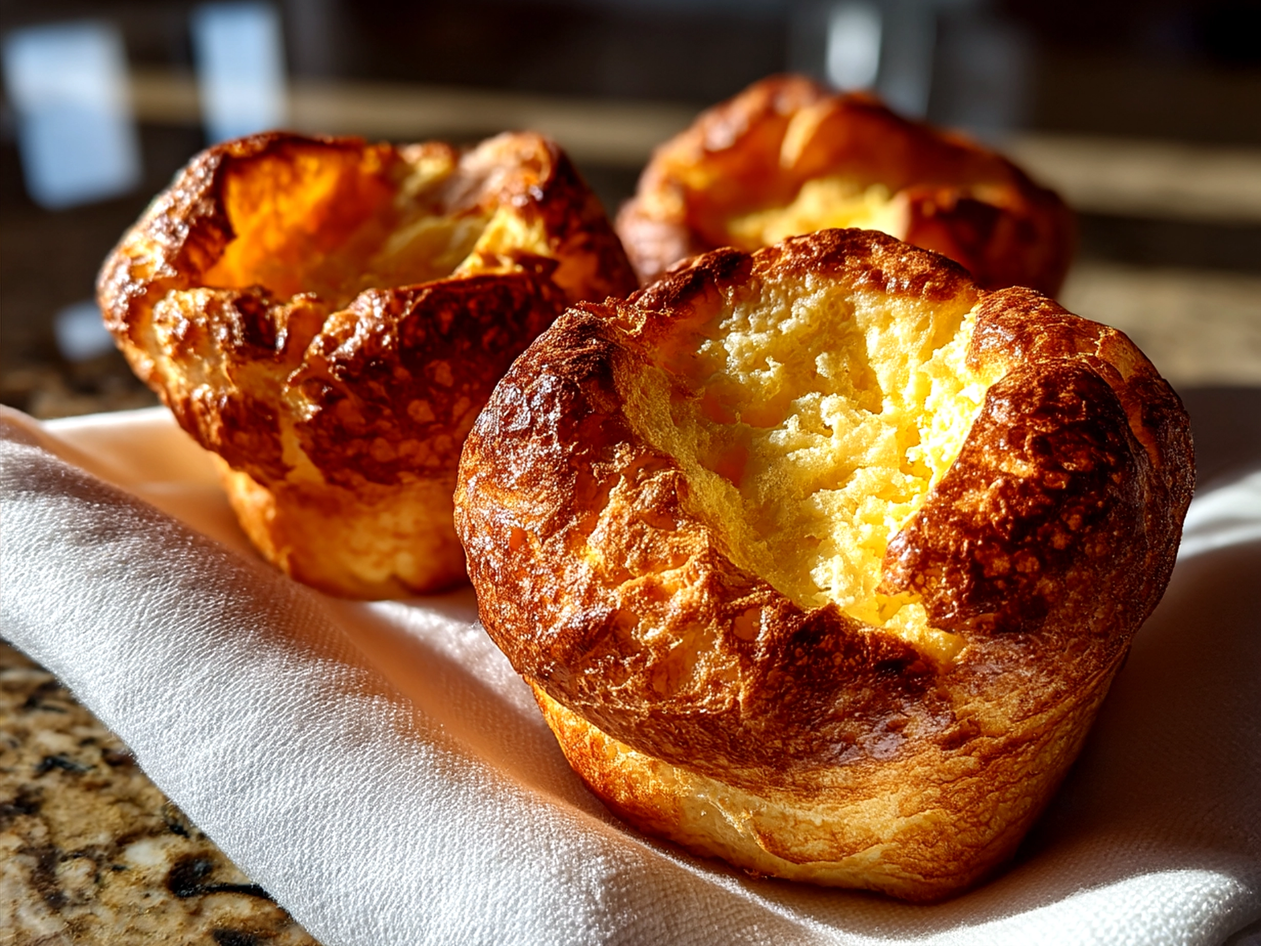 Warm, golden sourdough popovers arranged beautifully on a serving plate