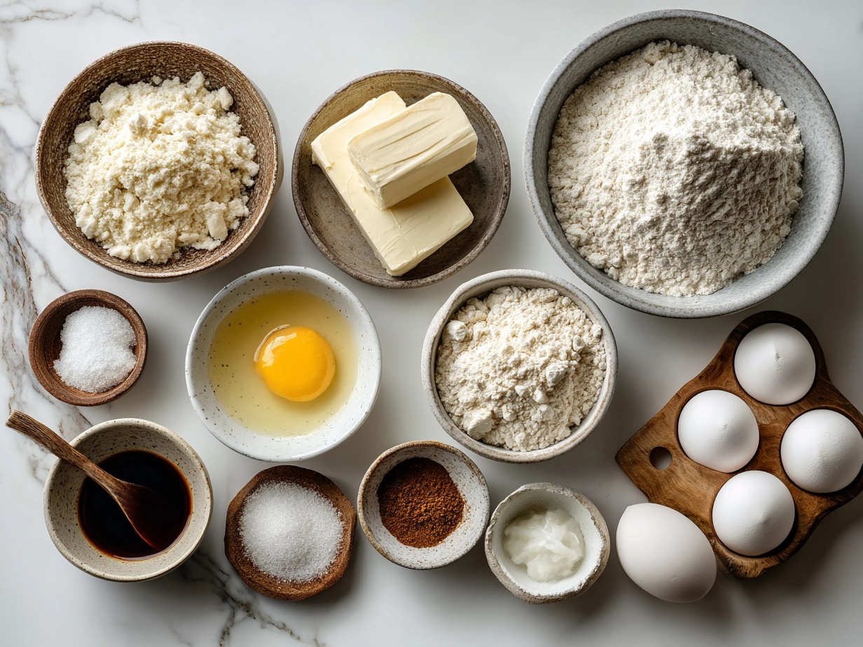 Ingredients for making sourdough popovers including flour, eggs, milk, sourdough starter, and butter