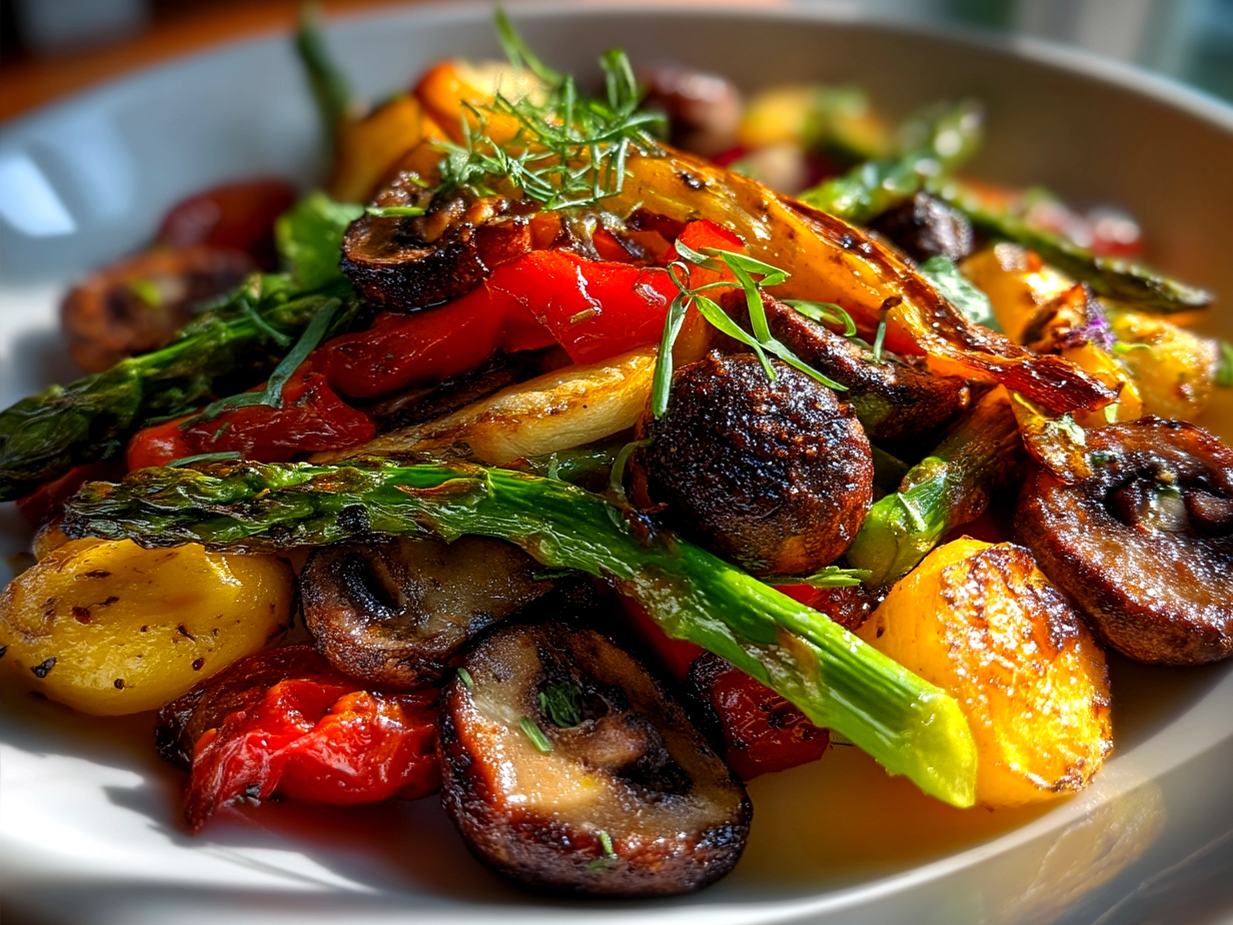 Served Spring Salad with Roasted Veggies on a rustic plate