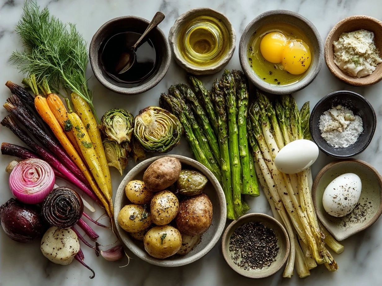 Ingredients for Spring Salad with Roasted Veggies laid out on a table