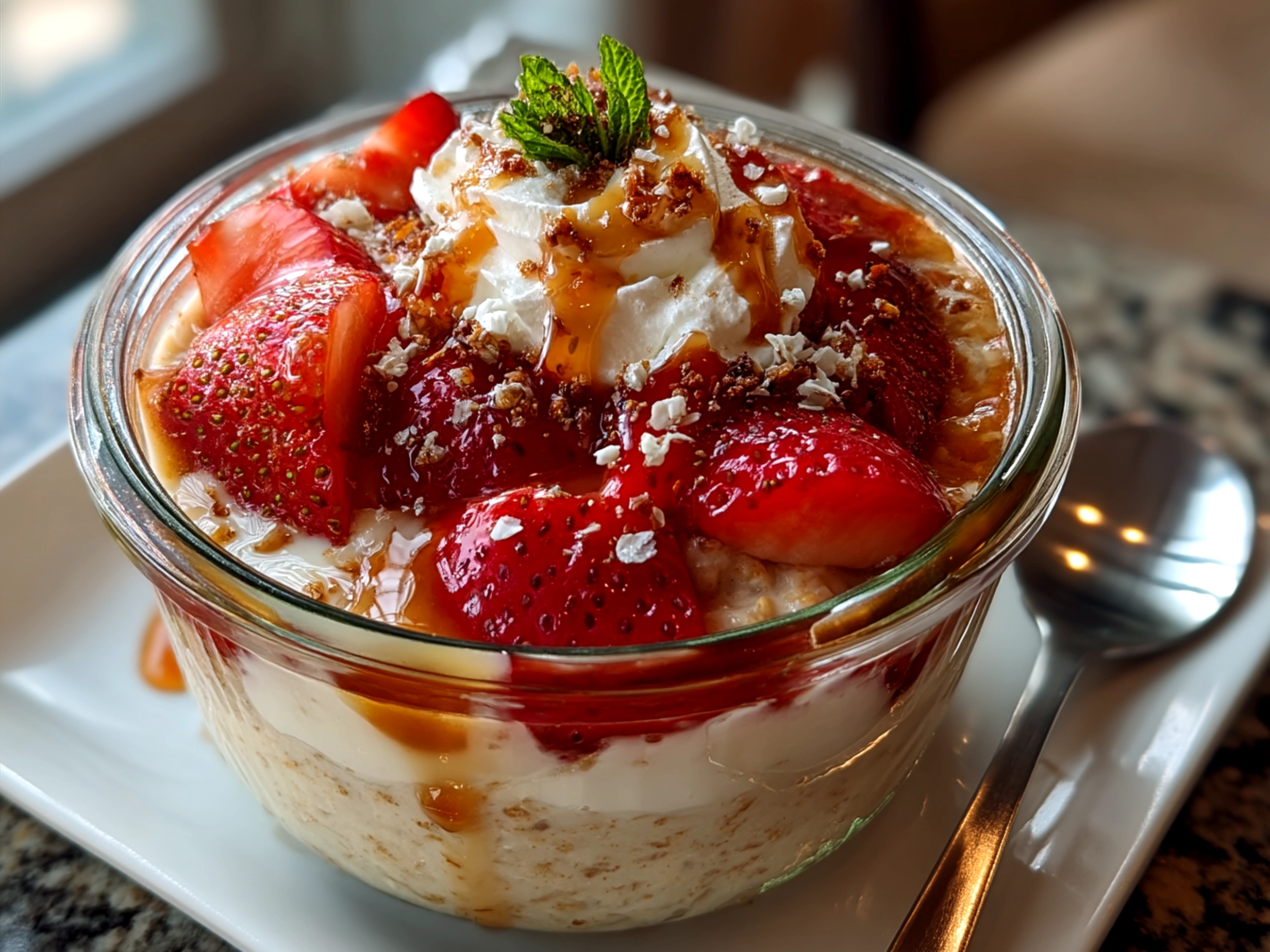 Glass jar filled with strawberry cheesecake overnight oats topped with fresh strawberries