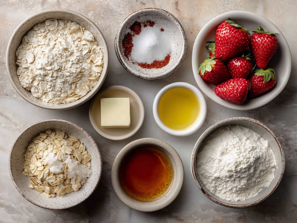 Ingredients for Strawberry Cheesecake Overnight Oats including oats, strawberries, cream cheese, and more