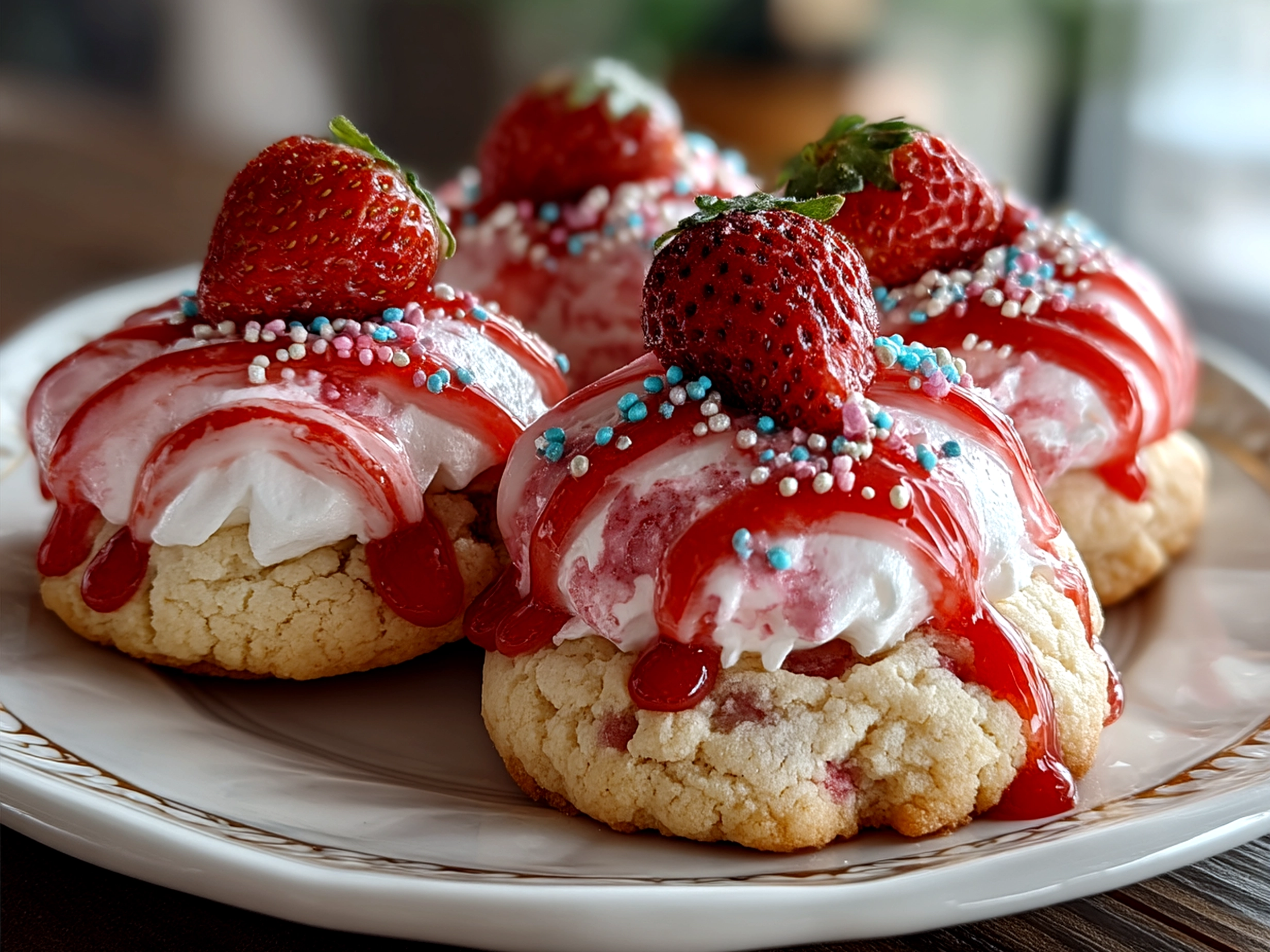 Freshly baked Strawberry Cool Whip Cookies arranged on a ceramic plate