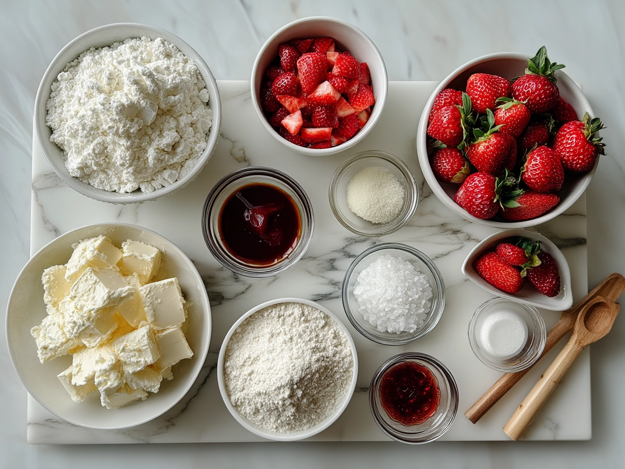 Ingredients for Strawberry Cool Whip Cookies on a kitchen table