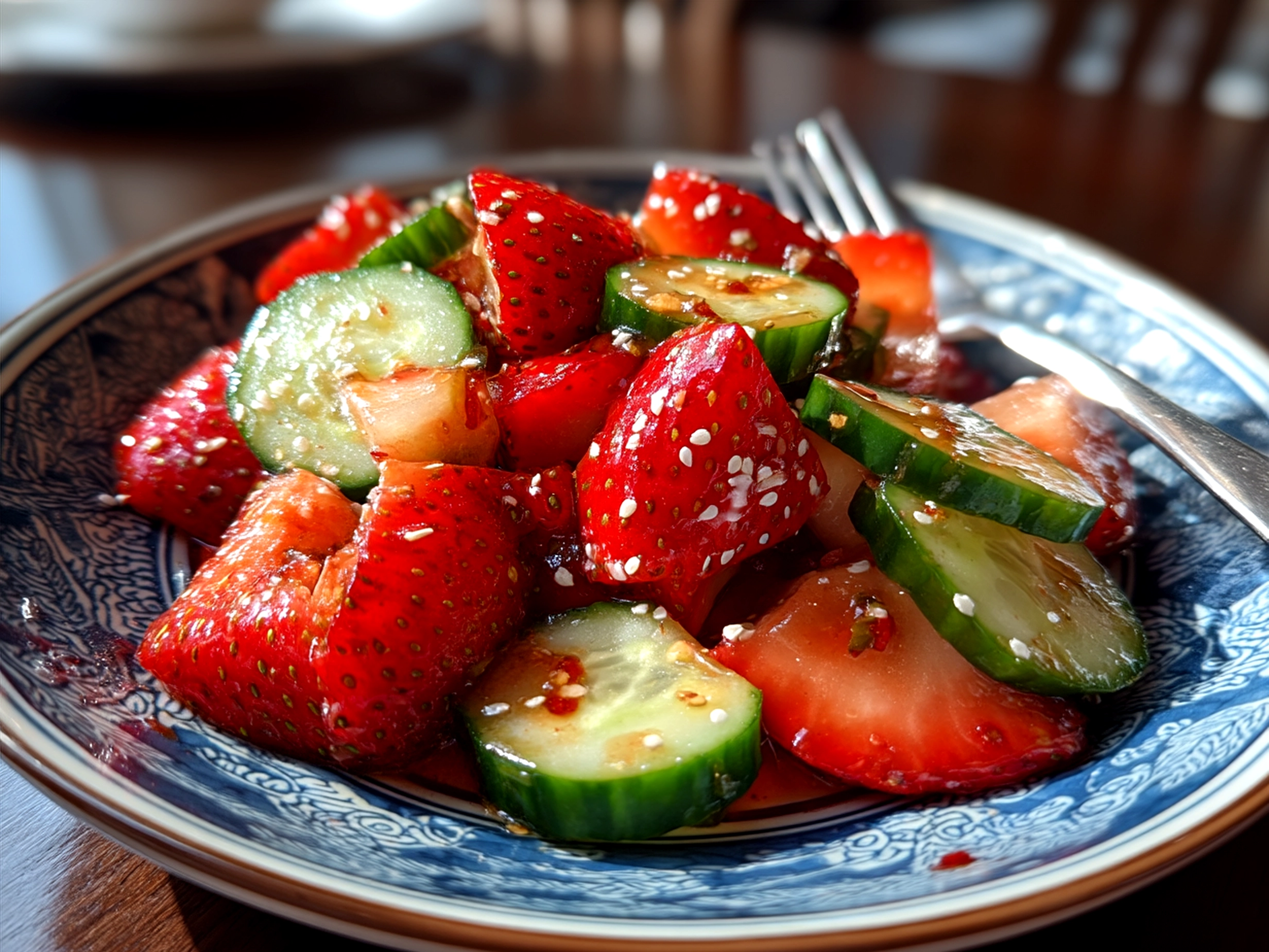 Freshly prepared strawberry cucumber salad presented in a glass bowl with colorful herbs and cheese