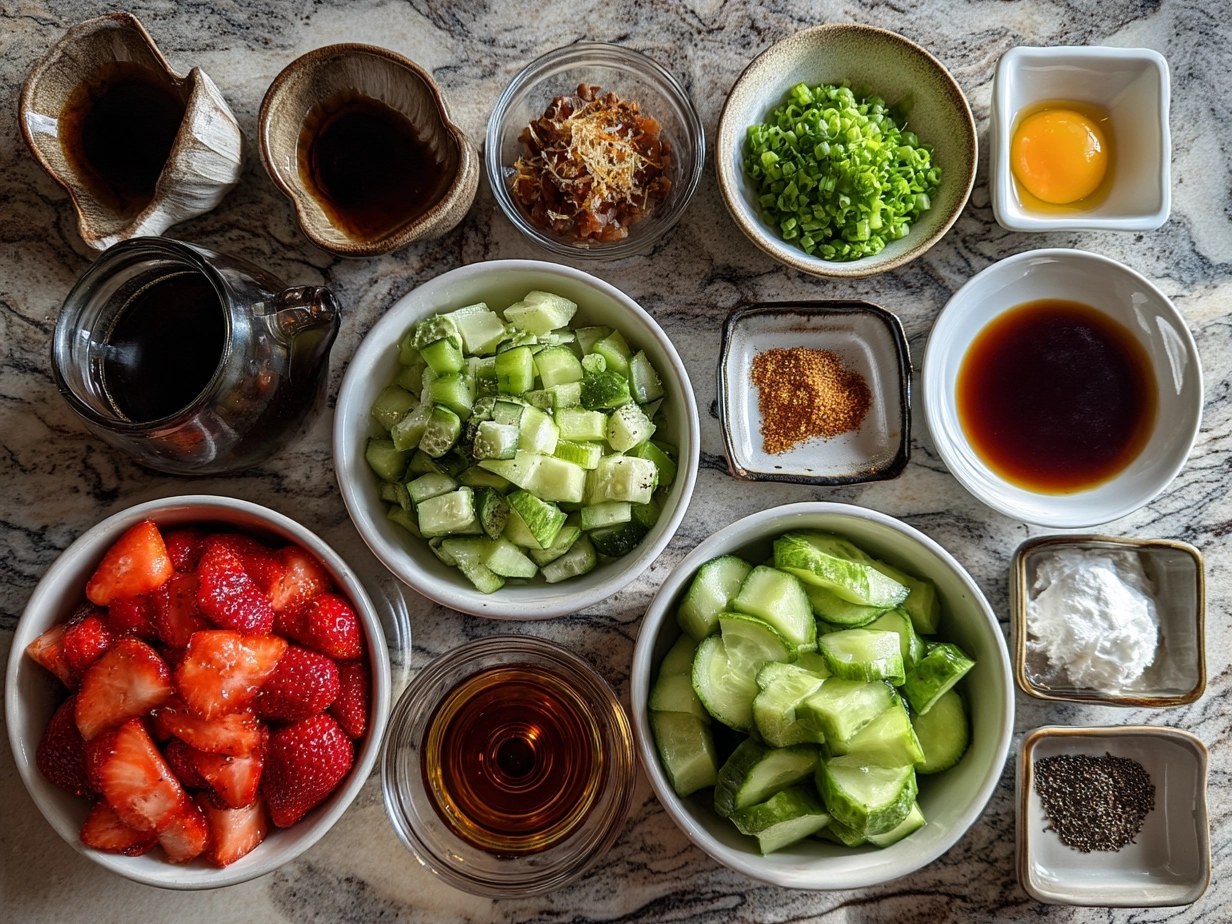 Ingredients for Strawberry Cucumber Salad: strawberries, cucumber, red onion, herbs, olive oil, honey, vinegar, salt, pepper, and cheese