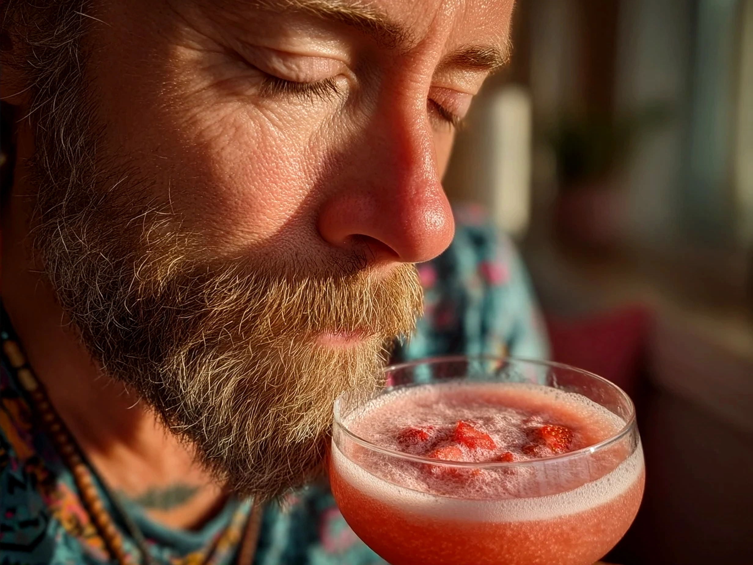 A frosty strawberry daiquiri cocktail in a tall glass, garnished with strawberry and lime slice
