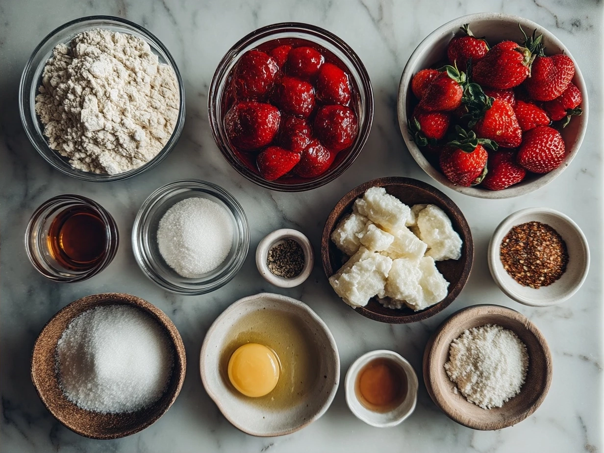 Fresh ingredients for strawberry daiquiri laid out on a table including rum, strawberries, lime and sugar syrup