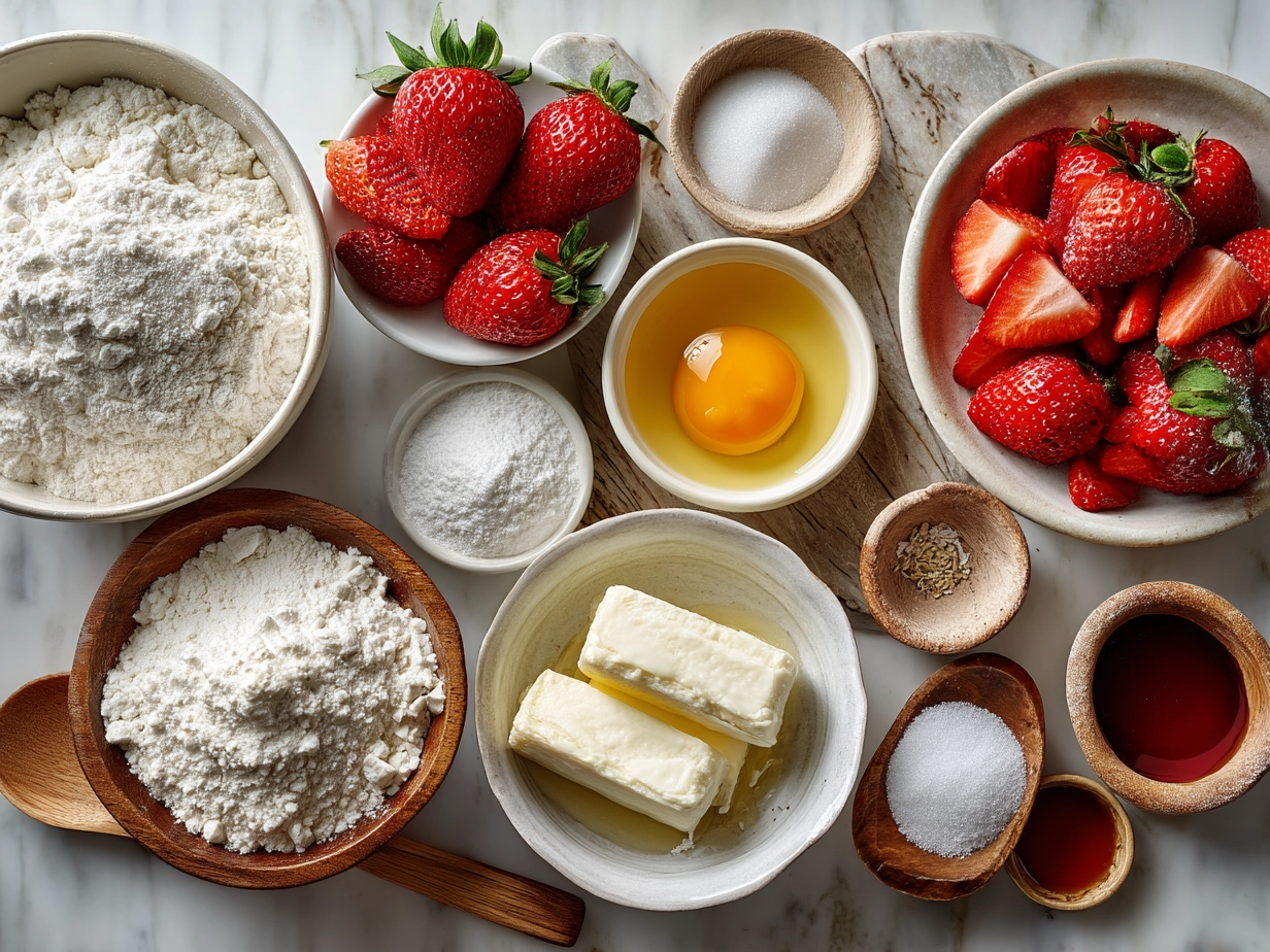 Ingredients laid out for Strawberry Greek Yogurt Muffins