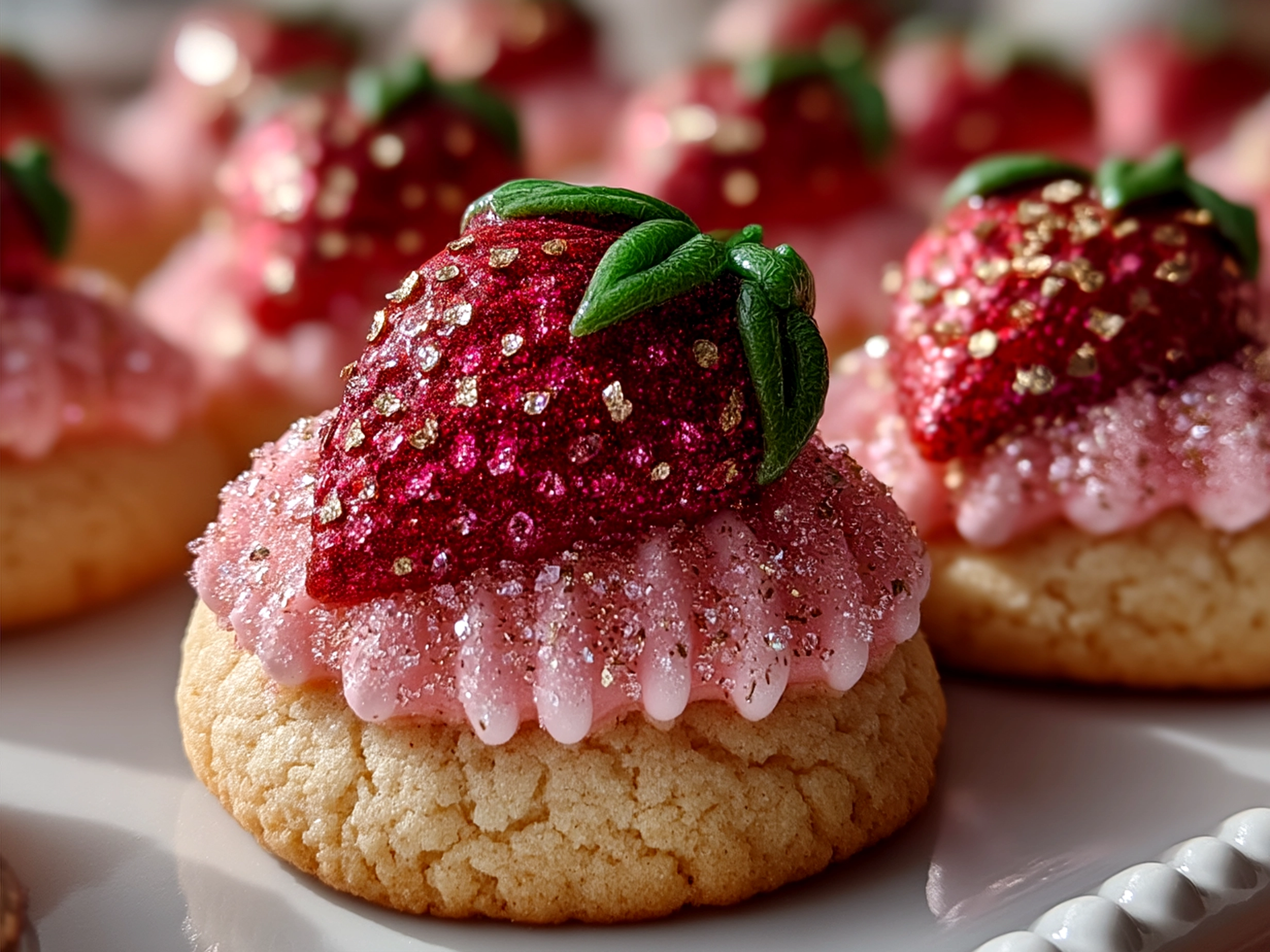 Freshly baked Strawberry Kiss Cookies presented on a decorative plate