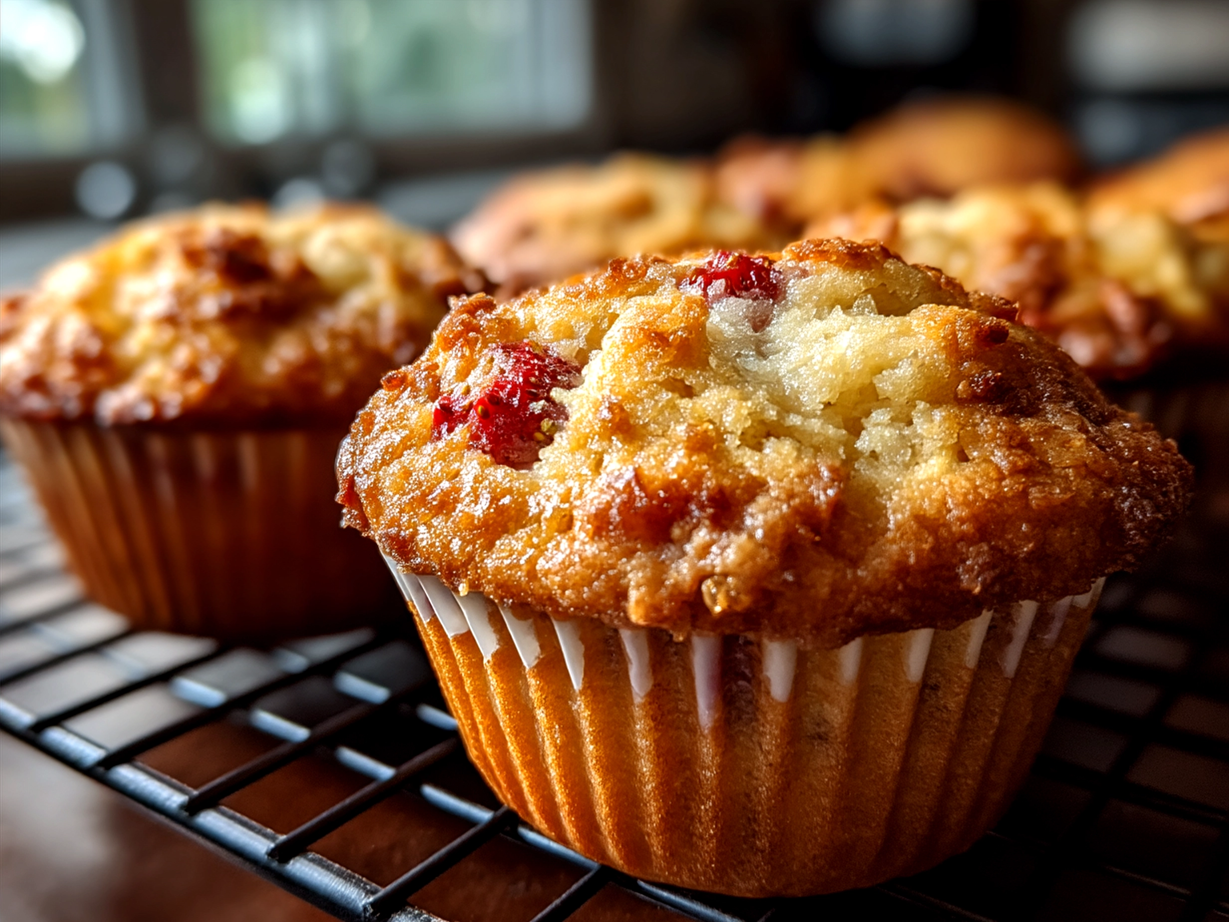 Fresh strawberry muffins on a serving plate ready for teatime