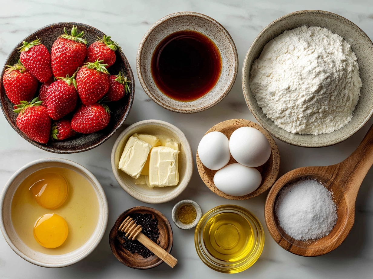 Ingredients for fresh strawberry muffins on a rustic kitchen table