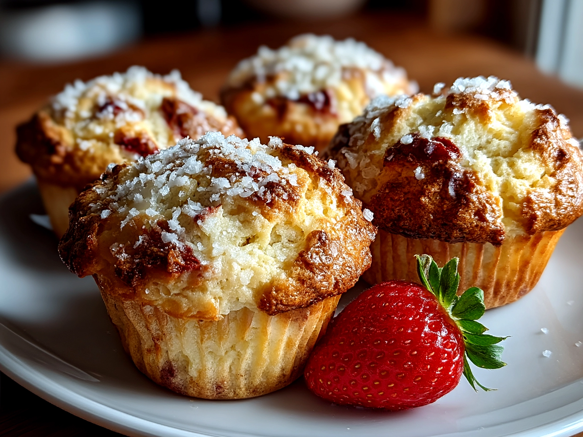 A plate of freshly baked strawberry ricotta muffins served on a table