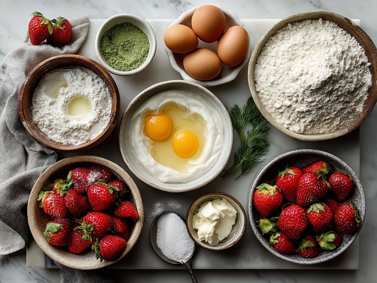 Ingredients for strawberry ricotta muffins laid out on a table