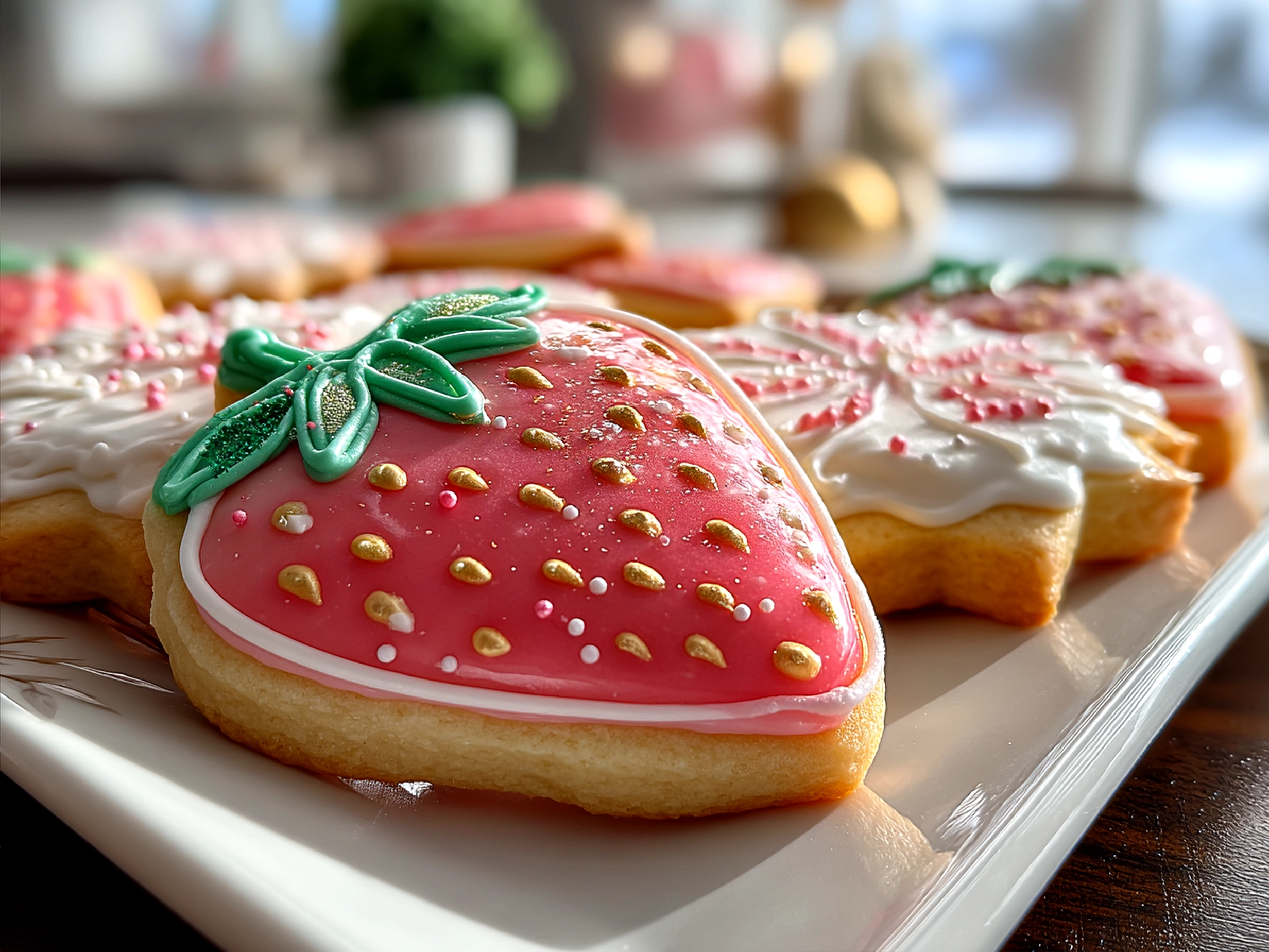 Strawberry sugar cookies served on a pastel ceramic dish